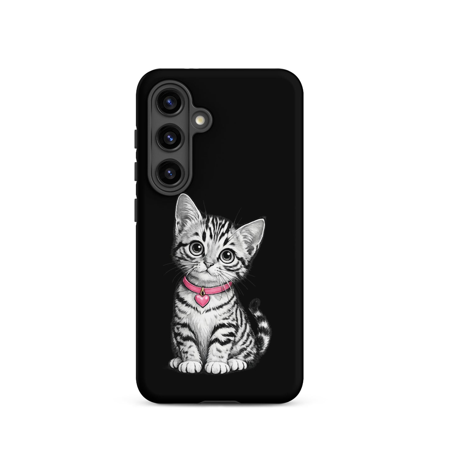 Phone Case for Samsung Galaxy featuring a pencil-sketch kitten with a pink heart charm and collar, black-and-white design.