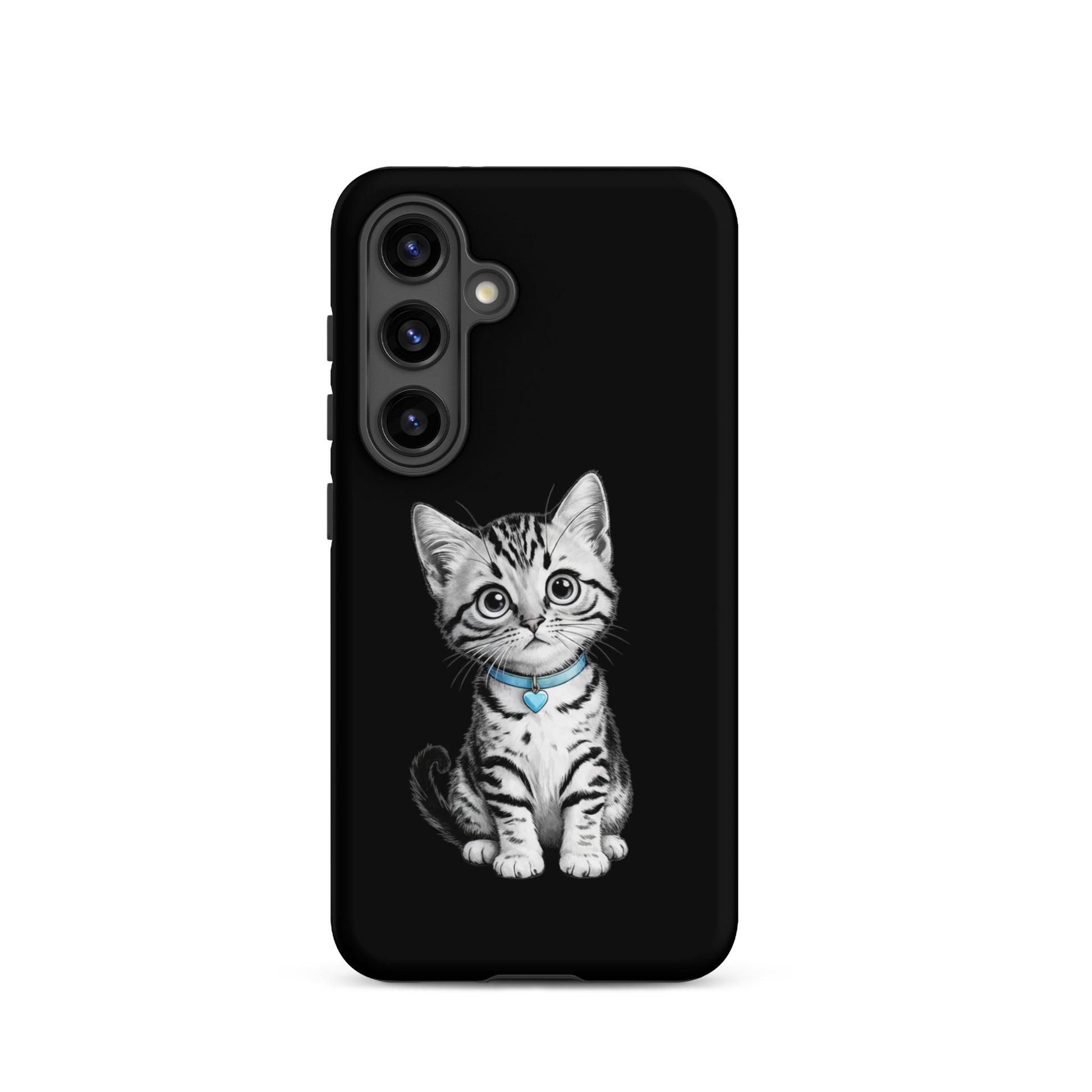Phone Case for Samsung Galaxy with kitten design and blue heart charm.