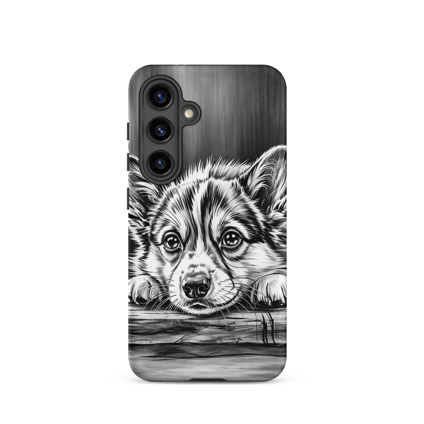 Phone Case for Samsung Galaxy featuring elegant black-and-white puppy art with premium protection and sleek design.