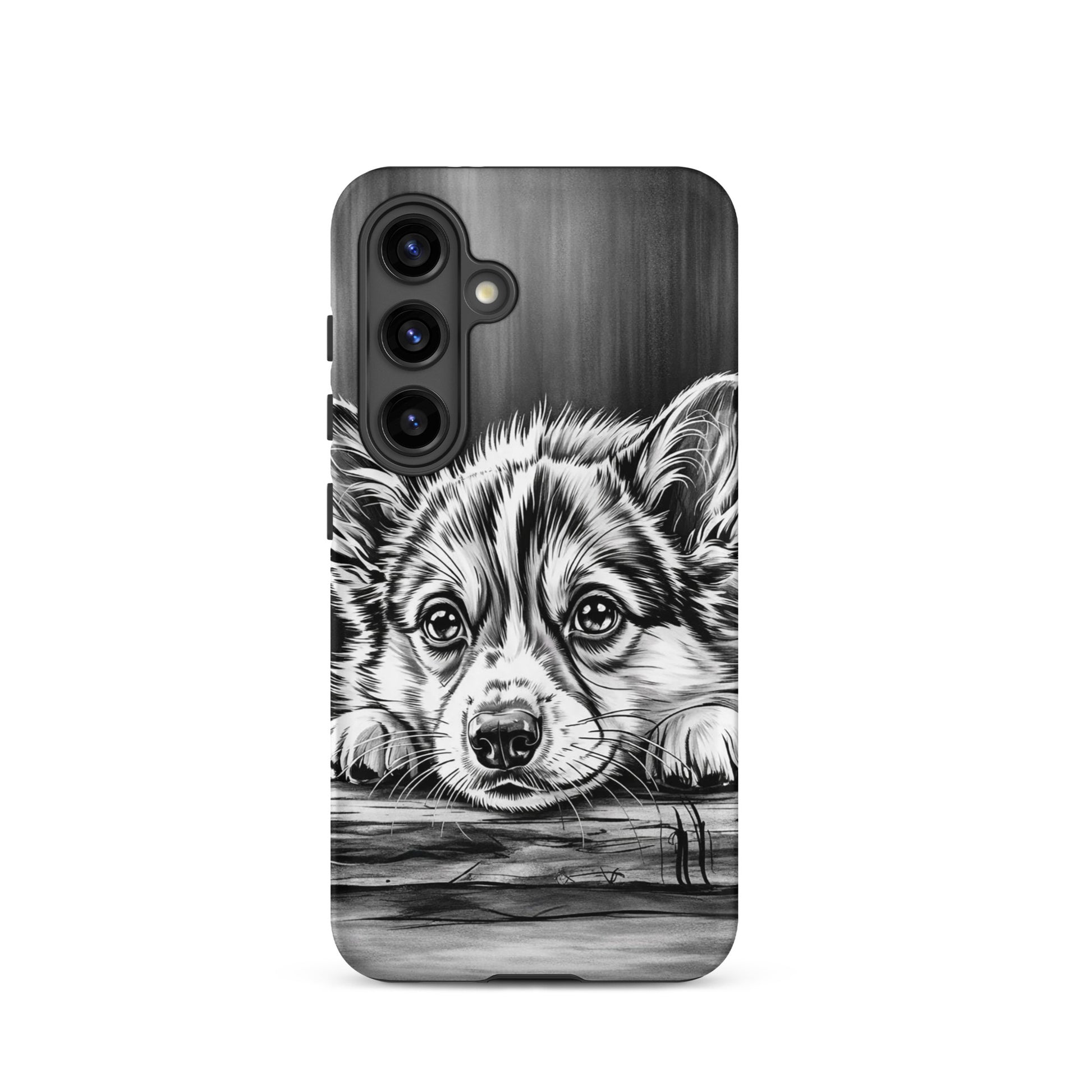 Phone Case for Samsung Galaxy featuring elegant black-and-white puppy art with premium protection and sleek design.