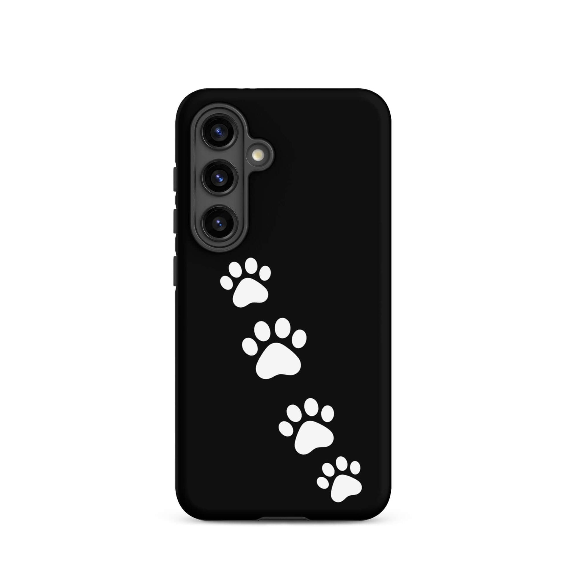 Phone case with white paw print trail design for Samsung Galaxy, perfect for pet lovers seeking style and protection.