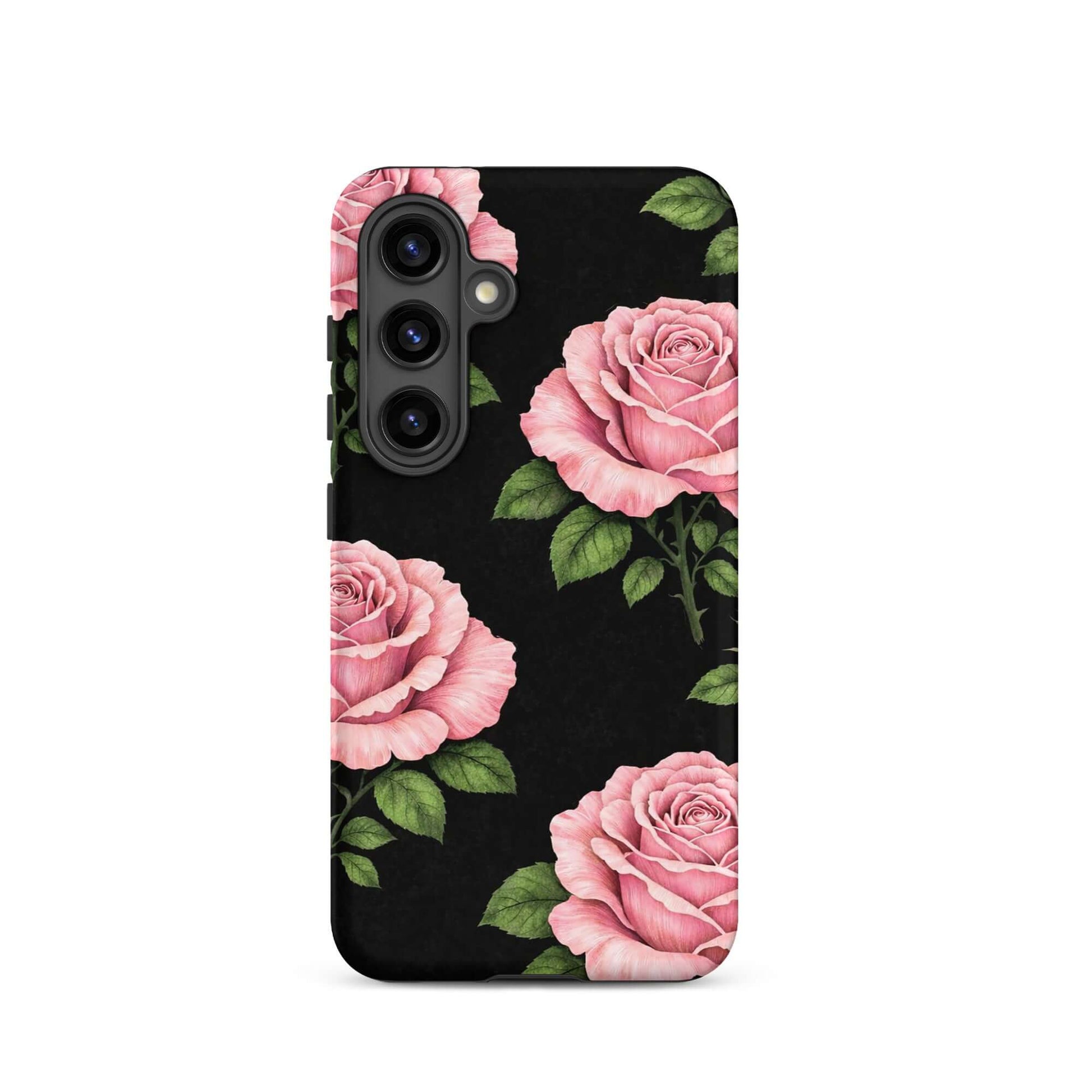 Phone Case with pink rose garden design for Samsung Galaxy, featuring elegant floral pattern on a black background.
