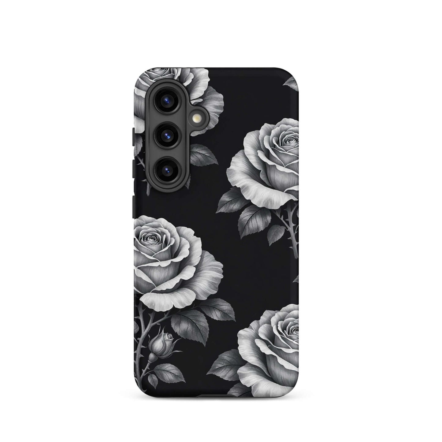 Phone Case for Samsung Galaxy with rose garden design, featuring hand-sketched roses and leaves on a black background for stylish contrast.