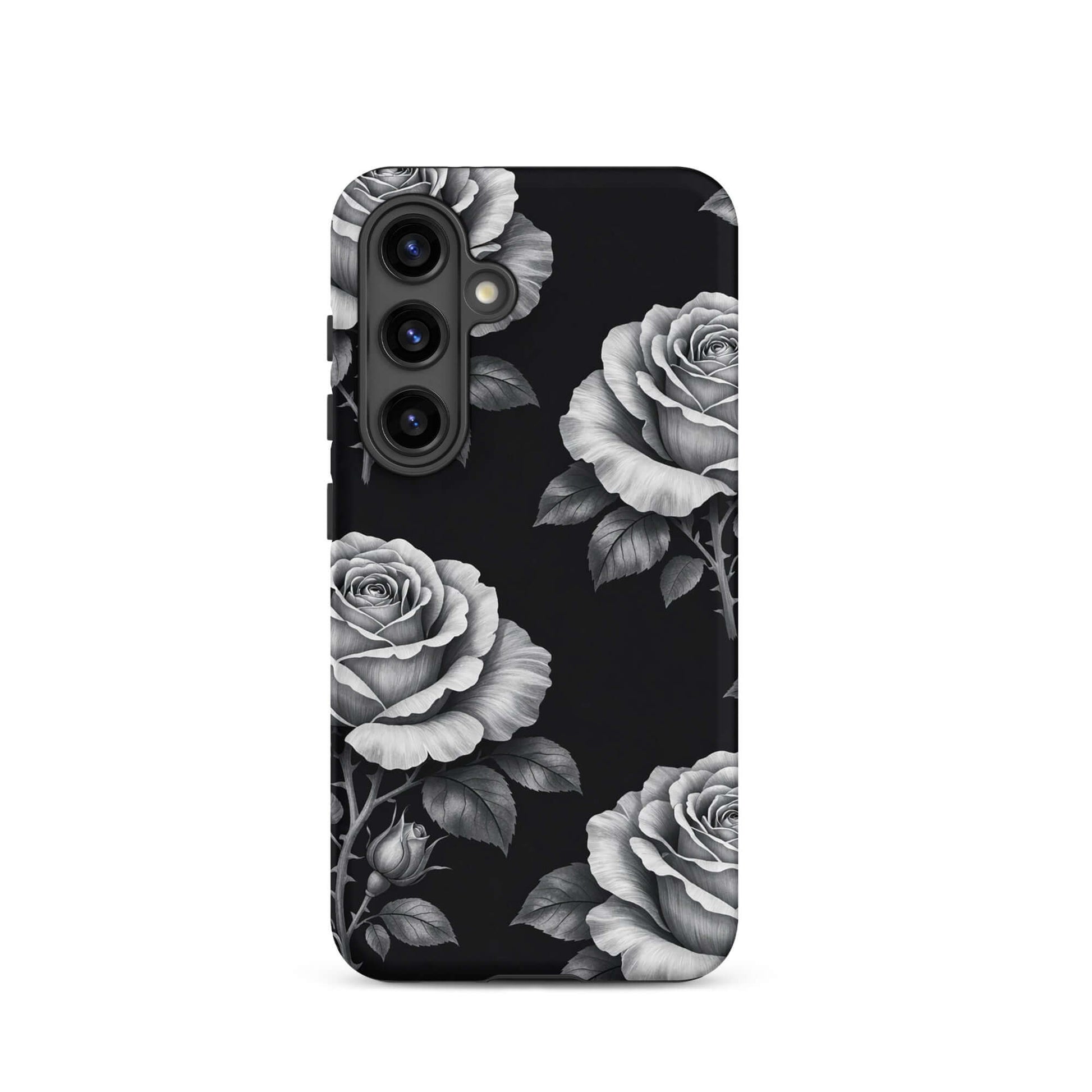 Phone Case for Samsung Galaxy with rose garden design, featuring hand-sketched roses and leaves on a black background for stylish contrast.