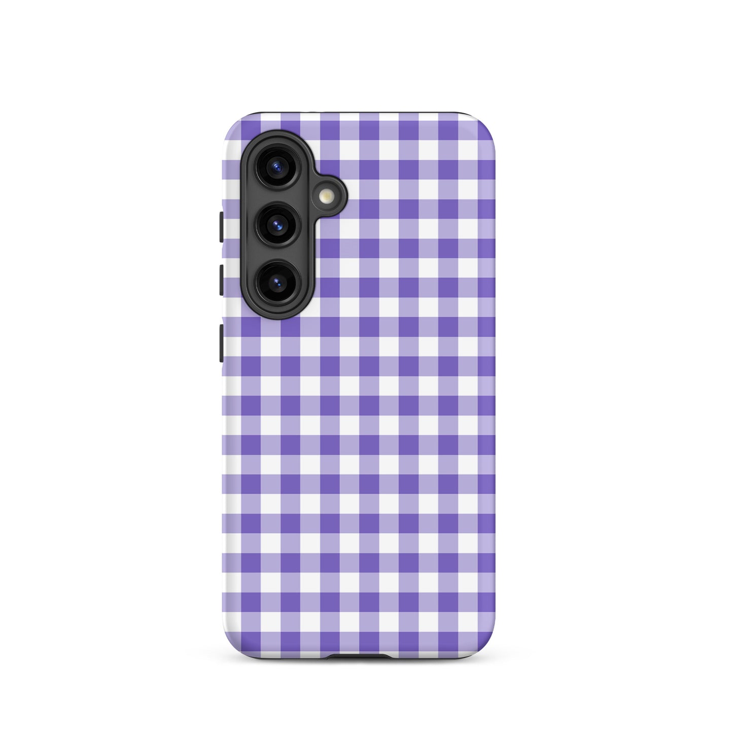 Phone case with purple and white gingham pattern for Samsung Galaxy, combining style and protection.