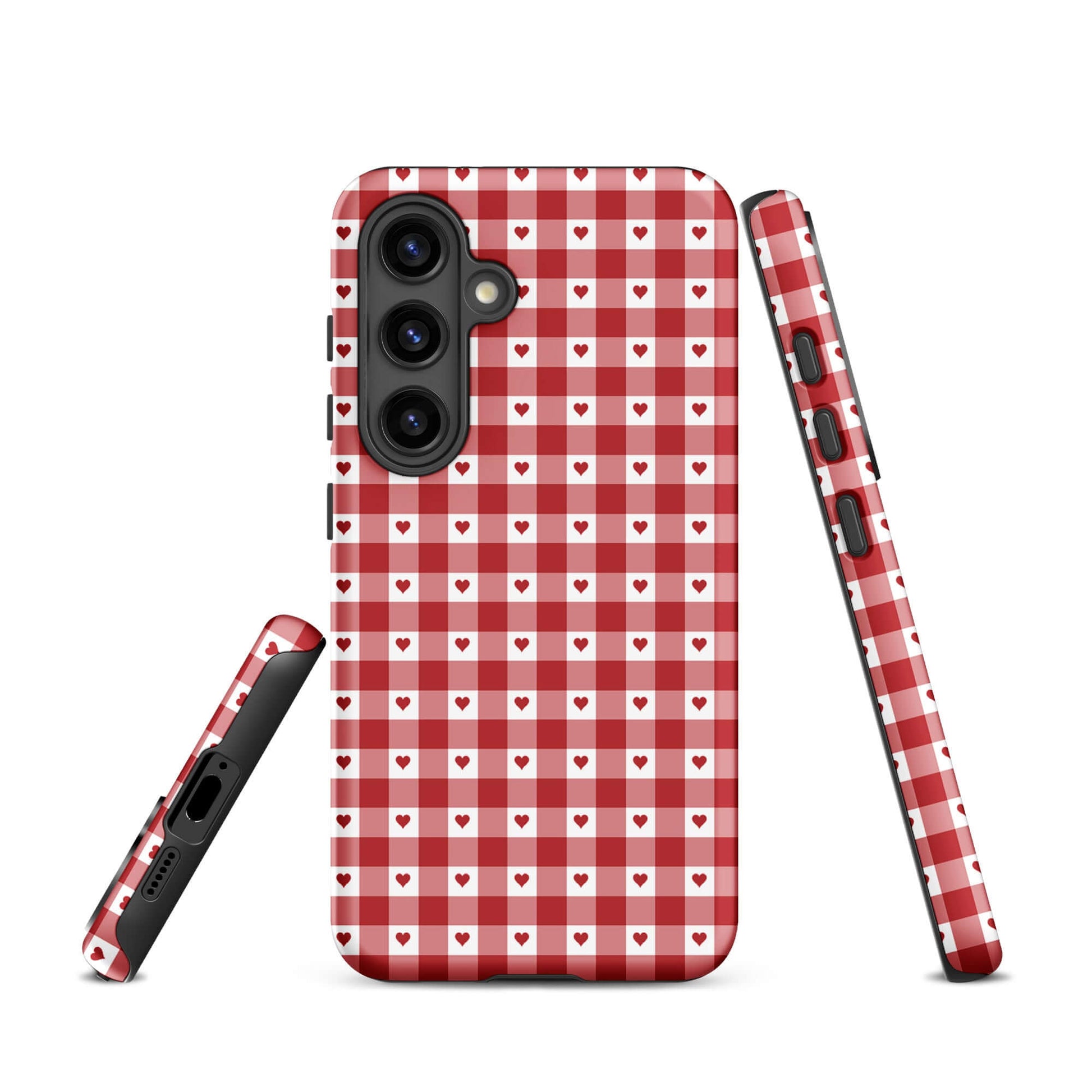 Phone Case for Samsung Galaxy with red and white gingham heart pattern, showcasing a stylish and durable design for a chic accessory.