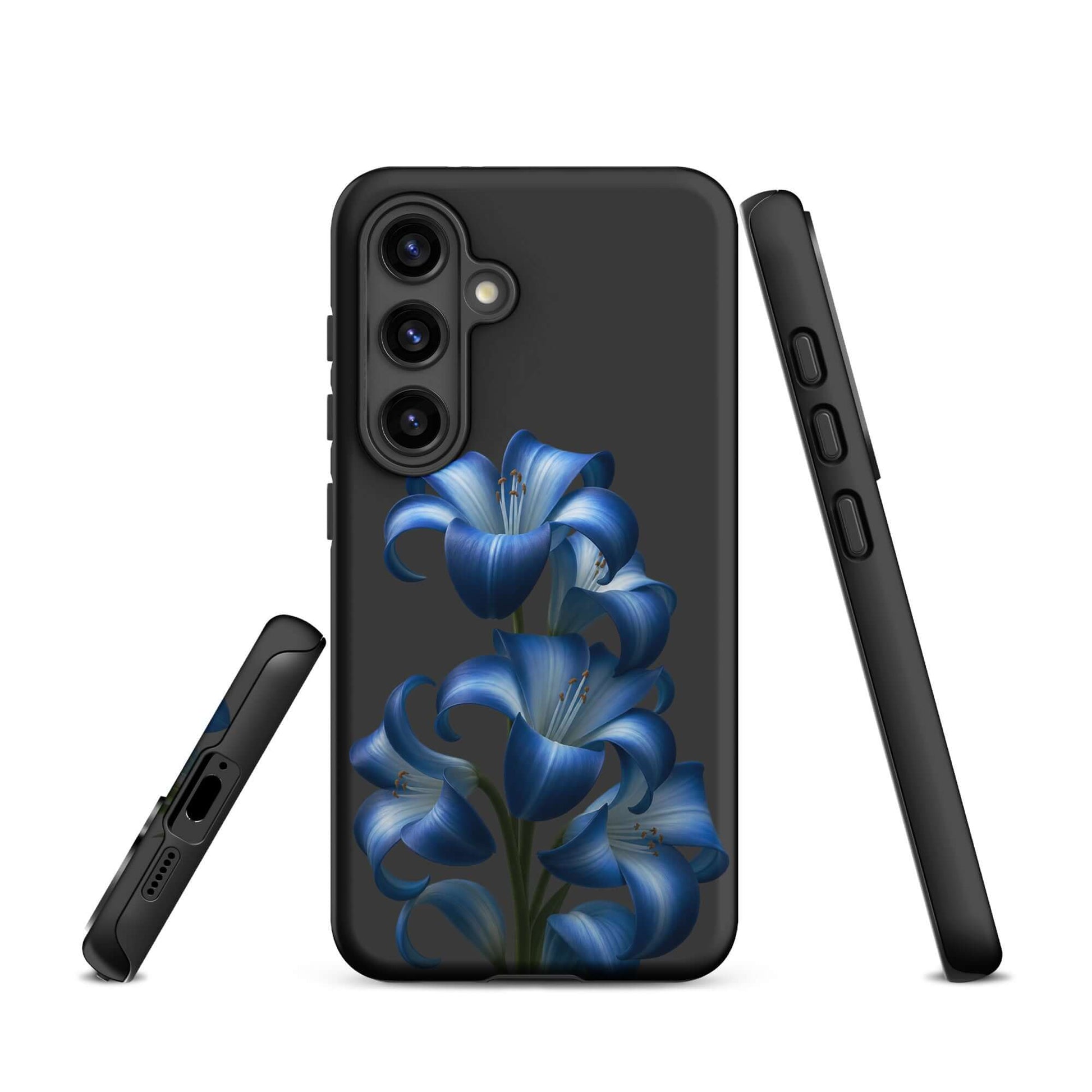 Phone Case for Samsung Galaxy with blue lily bloom design, featuring stylish protection with dual-layer build on dark backdrop.