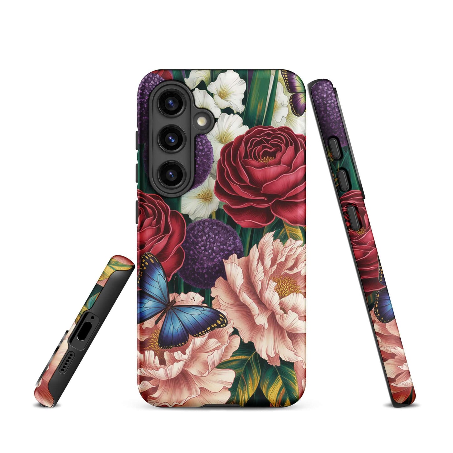 Phone Case for Samsung Galaxy with botanical design, featuring crimson roses, pink peonies, purple alliums, and blue butterflies.
