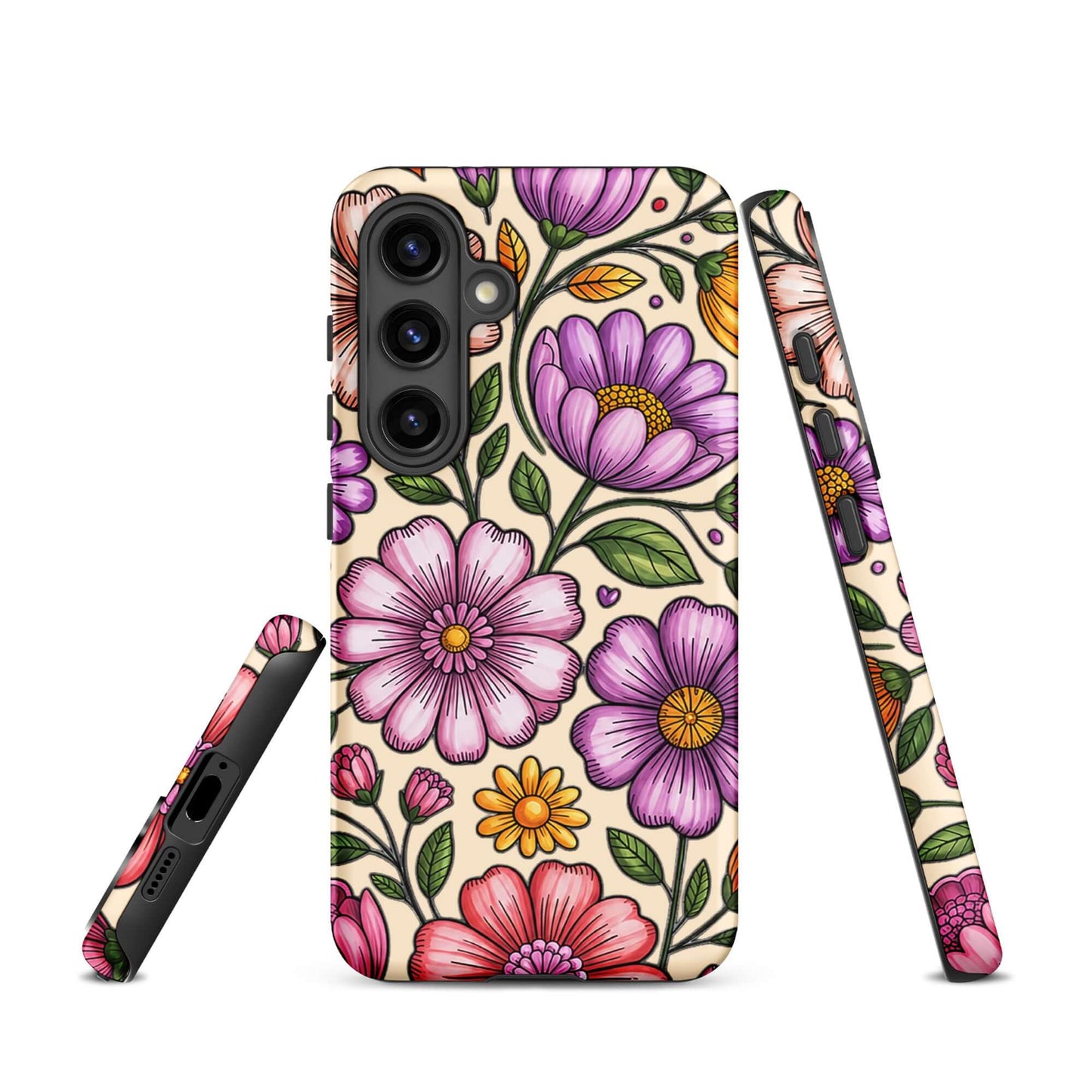 Phone Case for Samsung Galaxy with pastel floral design, featuring soft pink, peach, and lavender flowers against a dark background.