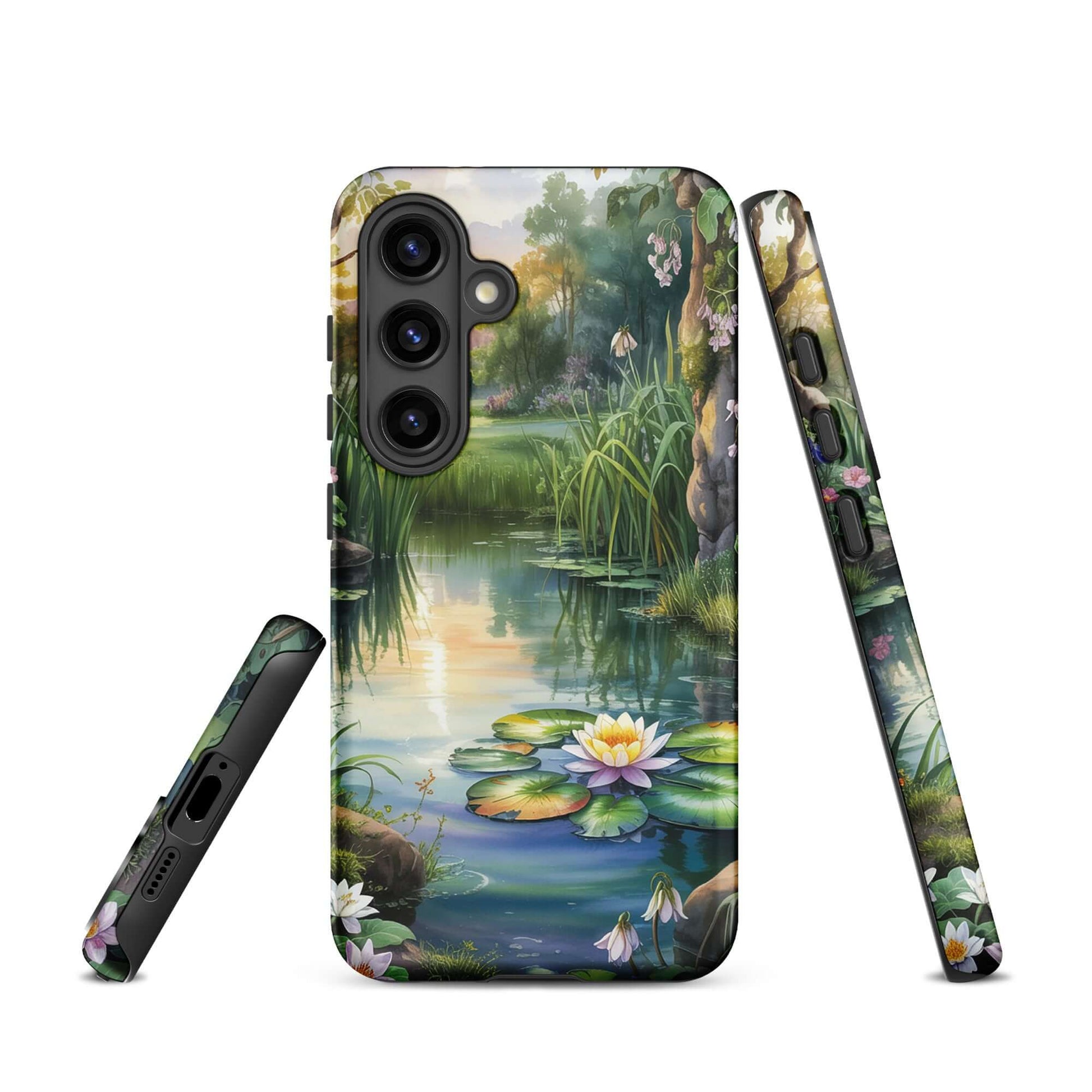 Phone Case for Samsung Galaxy featuring enchanted pond design with water lilies, greenery, and sunset reflections.