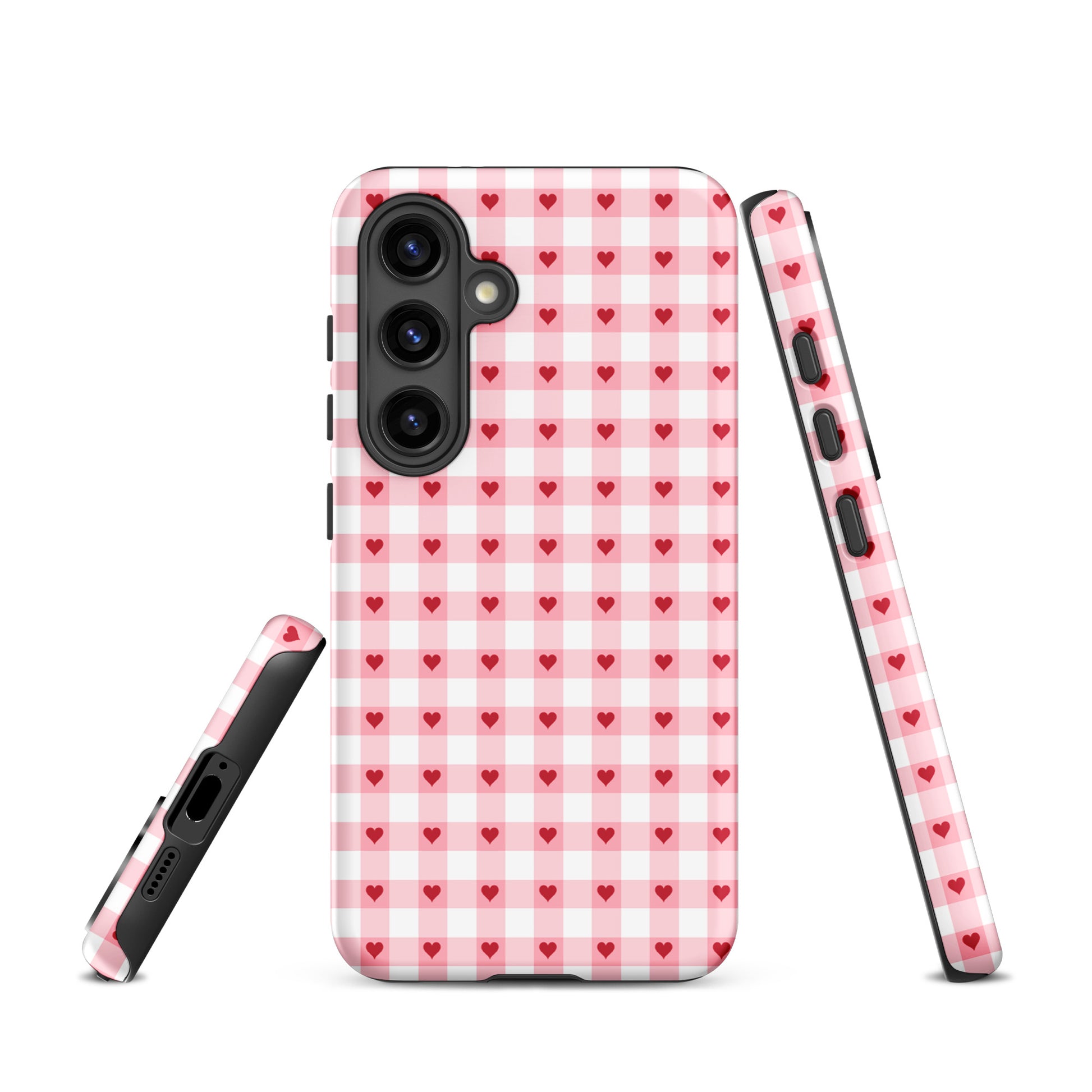 Phone Case for Samsung Galaxy with pink-and-white gingham heart pattern, offering chic style and durability.