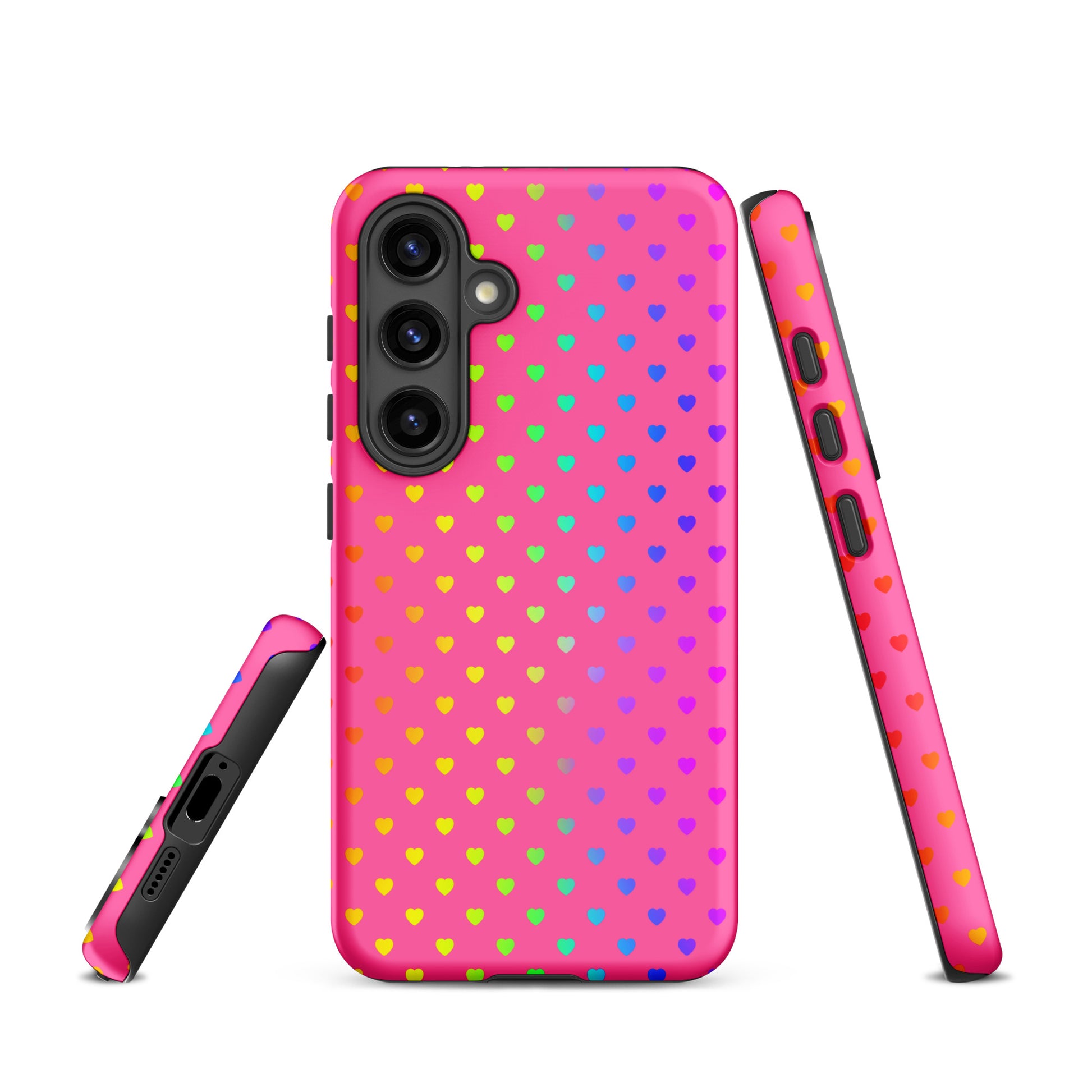 Phone case for Samsung Galaxy with cute rainbow hearts design on a pink background, showcasing colorful style and protective features.