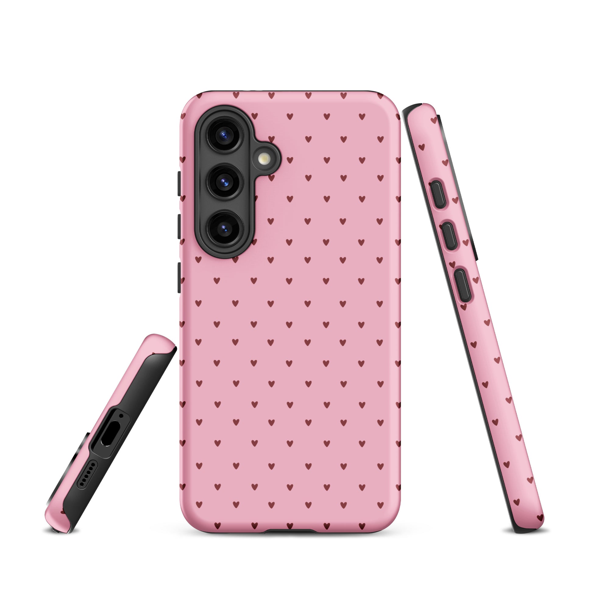 Phone Case for Samsung Galaxy with Heart-Dot Pattern on pink background, combining modern style and cute design.