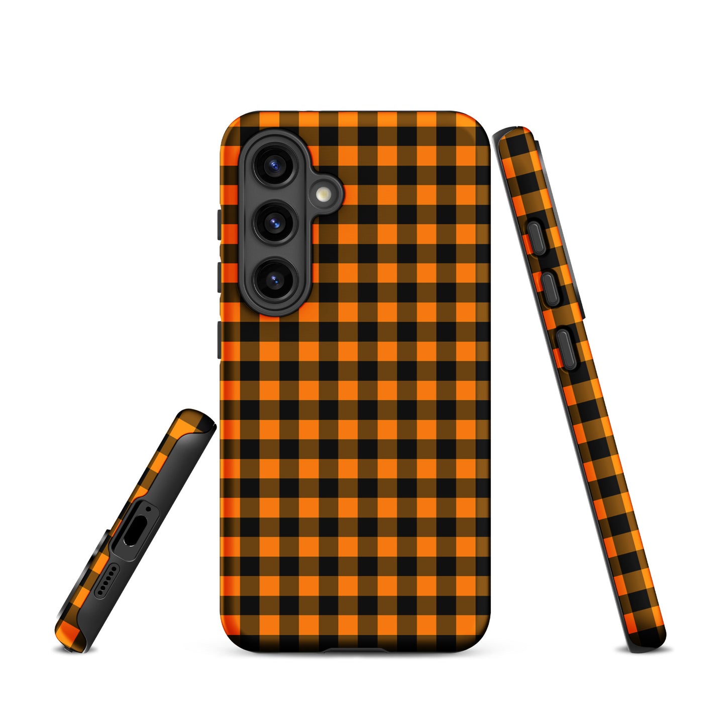 phone case with black-and-orange gingham pattern for Samsung Galaxy, Autumn theme, stylish and durable