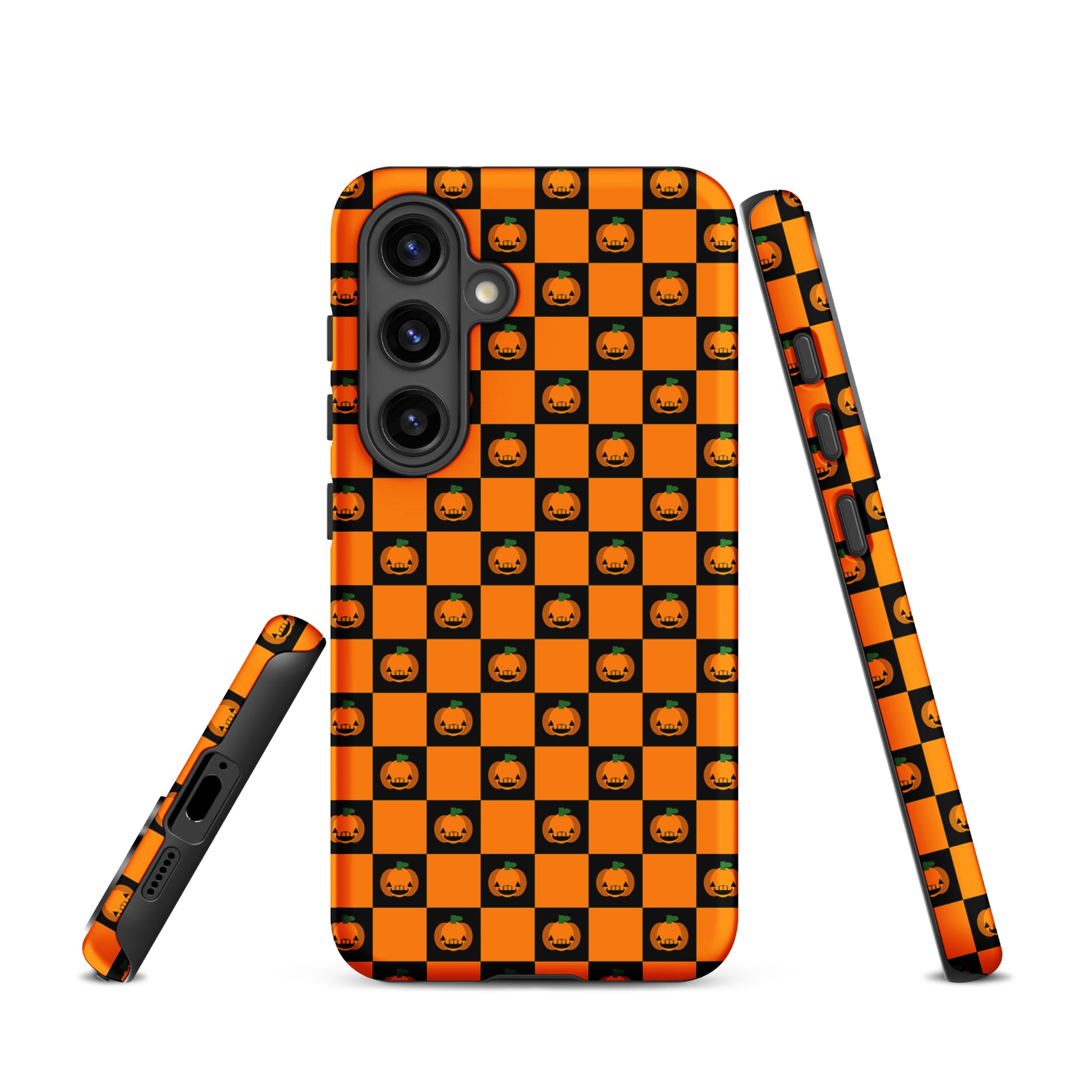 Phone Case for Samsung Galaxy with pumpkin checkered Halloween design, featuring black and orange squares with jack-o'-lanterns.