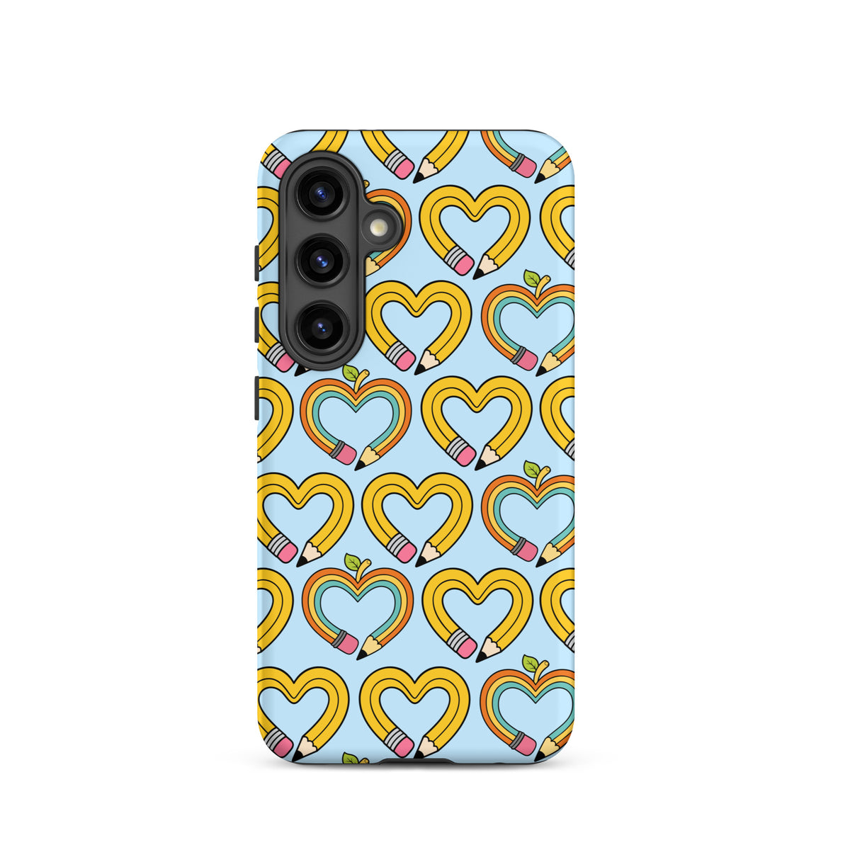 Phone Case for Samsung Galaxy with playful pencil-heart pattern, featuring colorful hearts and small green leaves on a light blue background.