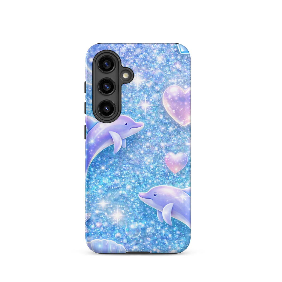 Phone Case for Samsung Galaxy with Ocean Glitter Dolphins design and pastel celestial accents.