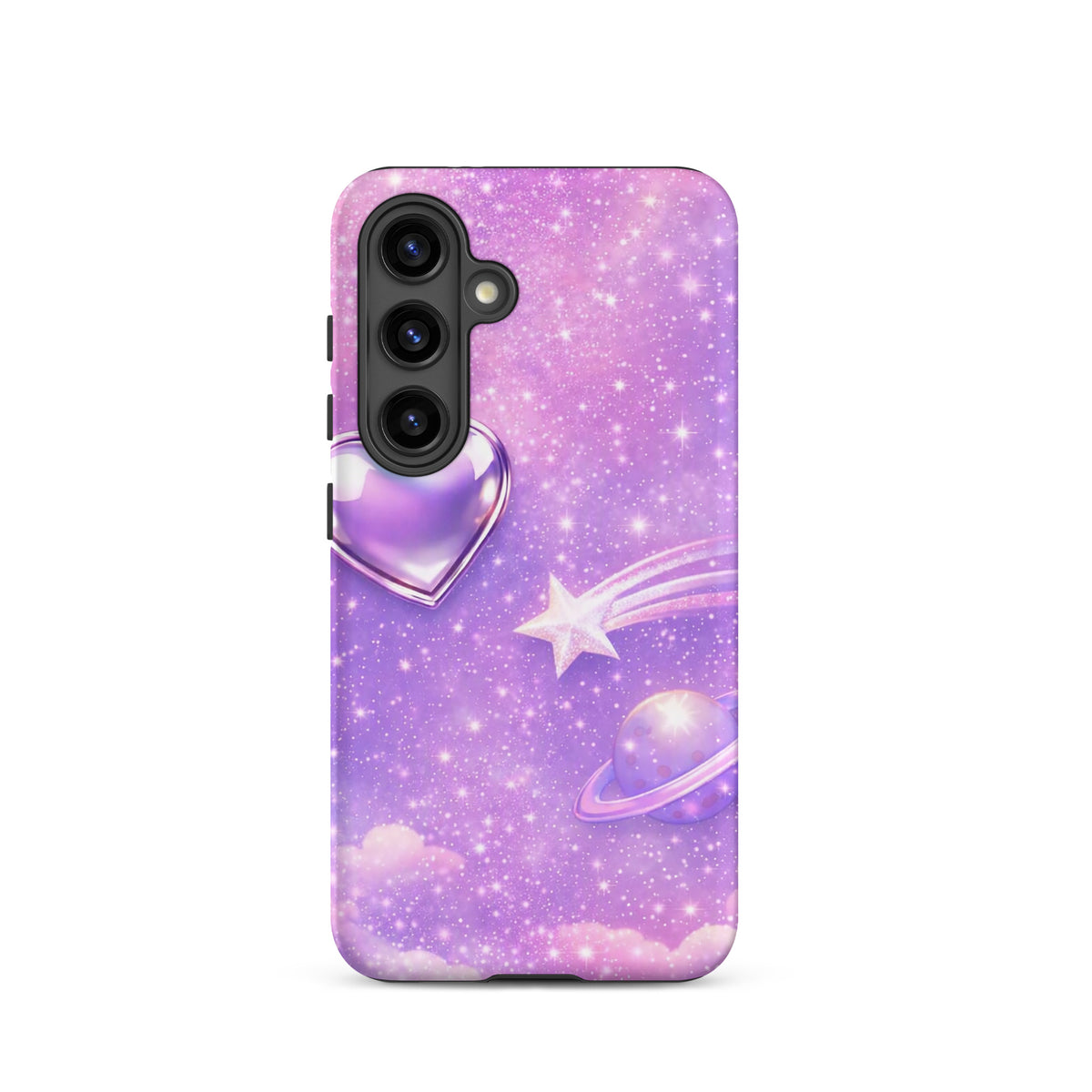 Phone Case for Samsung Galaxy with cosmic heart, shooting star, and planets on a purple background of stars and pastel clouds.