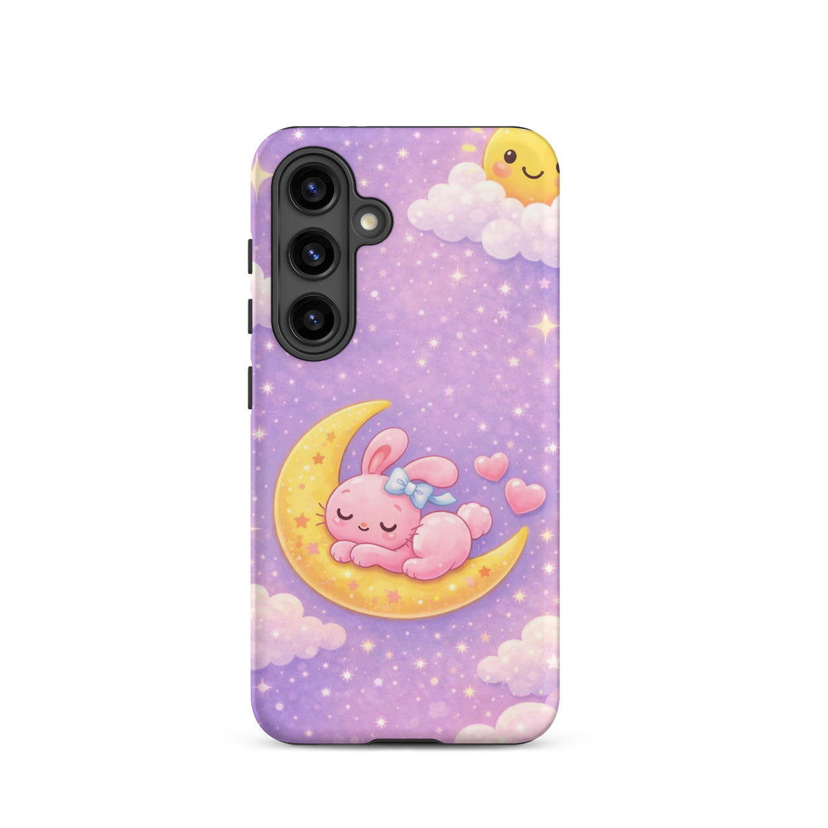 Phone Case for Samsung Galaxy - Cute, Cozy, Dreamy Bunny Moon Design featuring a pink bunny on a crescent moon with stars.