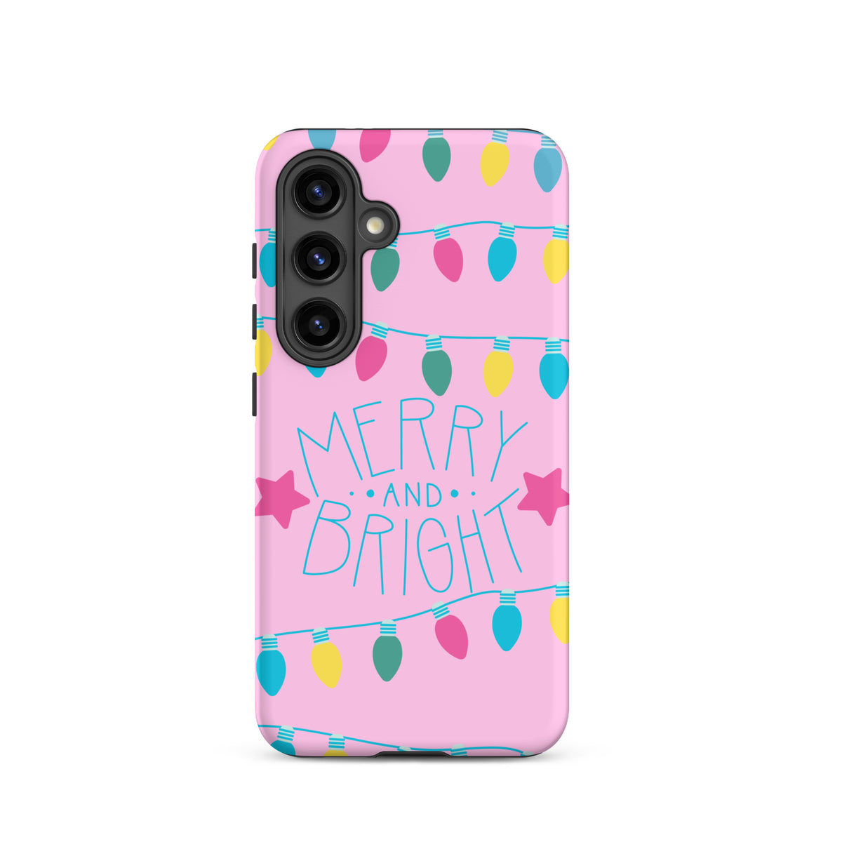 Phone Case for Samsung Galaxy with Merry and Bright holiday lights on pink background