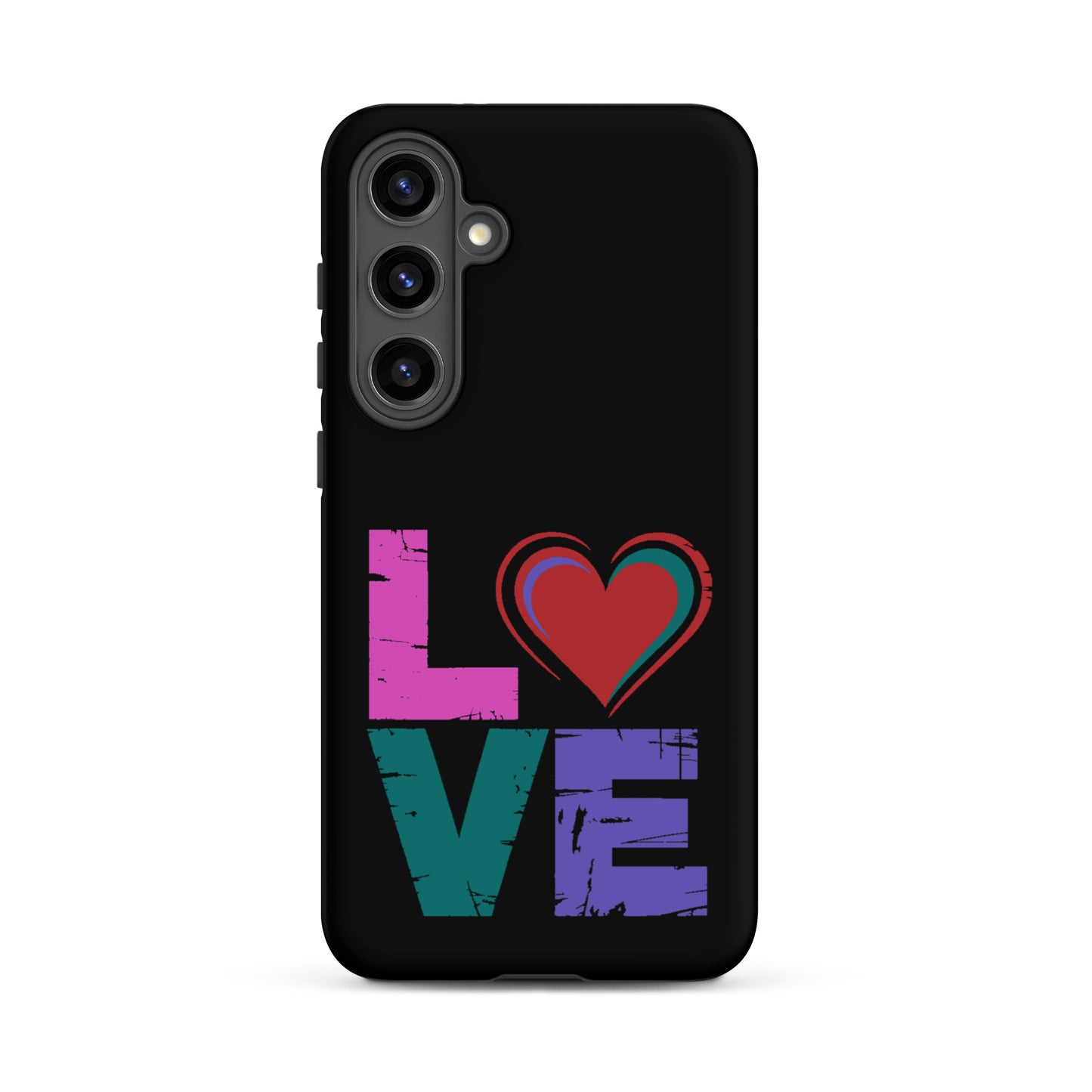 Tough case for Samsung Galaxy Phones with colorful 'LOVE' design and heart on black background.