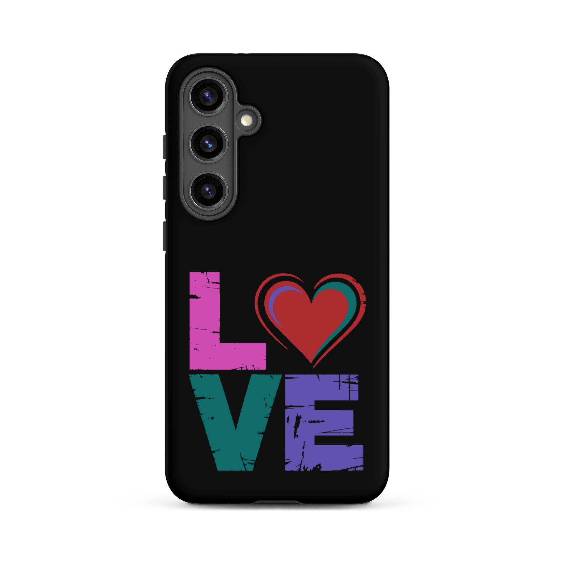 Tough case for Samsung Galaxy Phones with colorful 'LOVE' design and heart on black background.