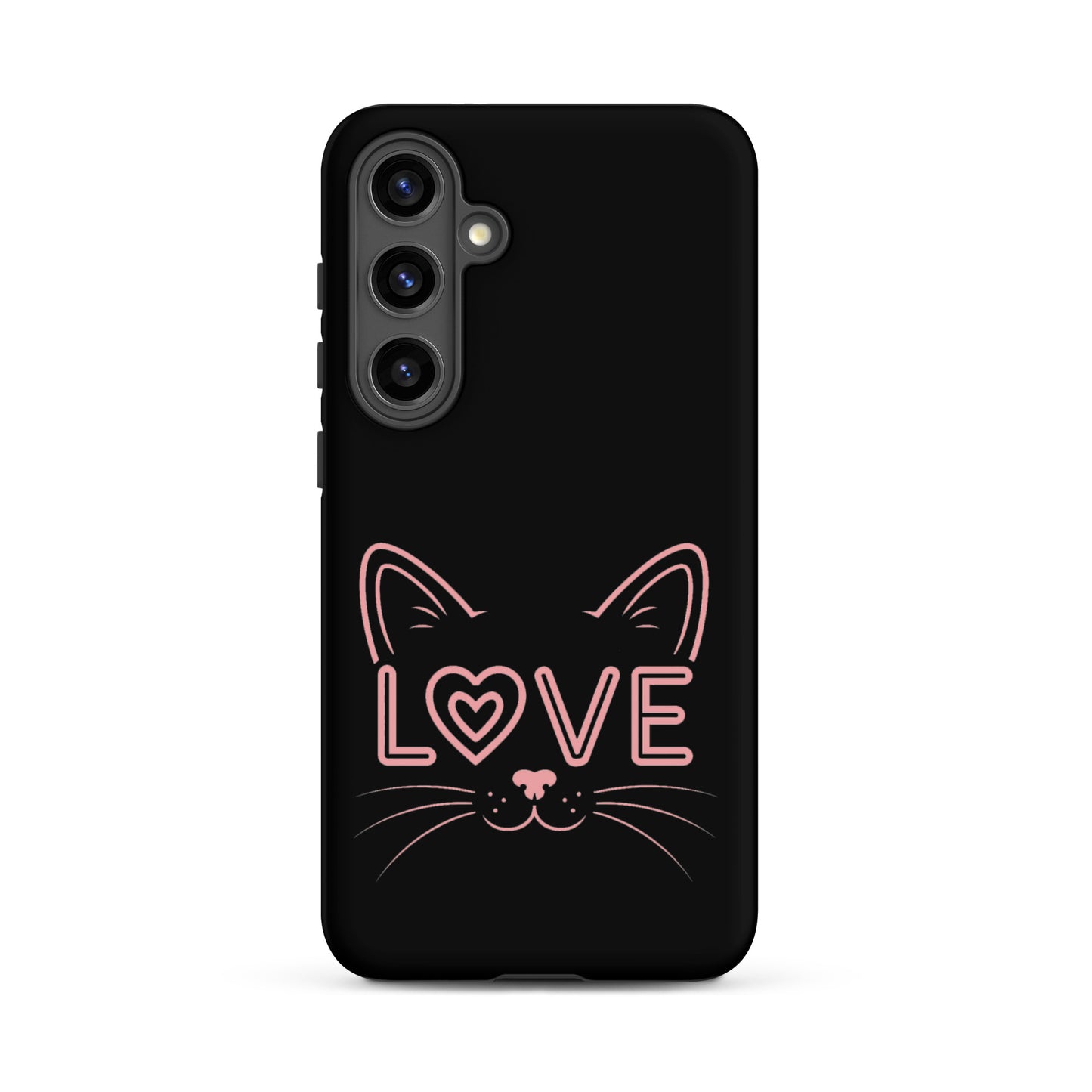 Cat Love phone case for Samsung Galaxy featuring a minimalist cat face design and the word 'LOVE'.