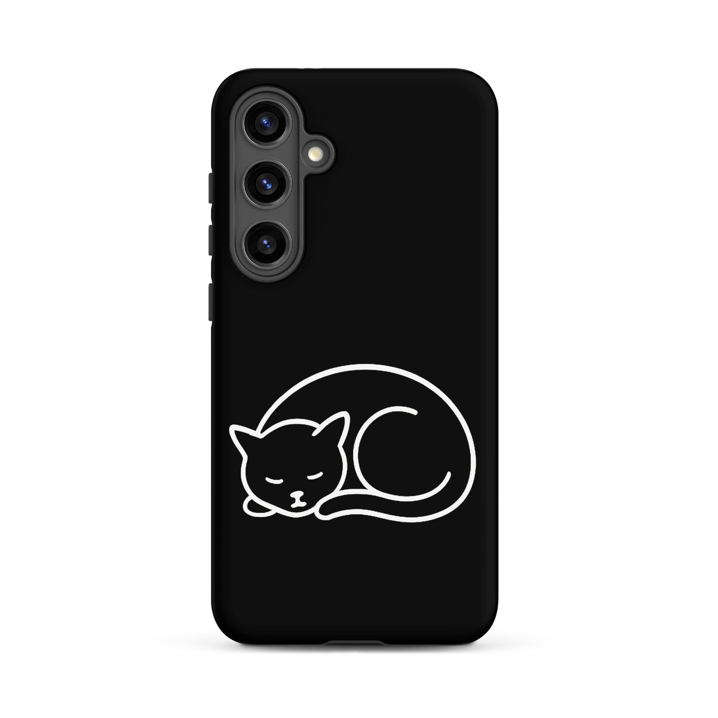 Phone Case for Samsung Galaxy Phones with minimalist curled-up cat design on a black background.