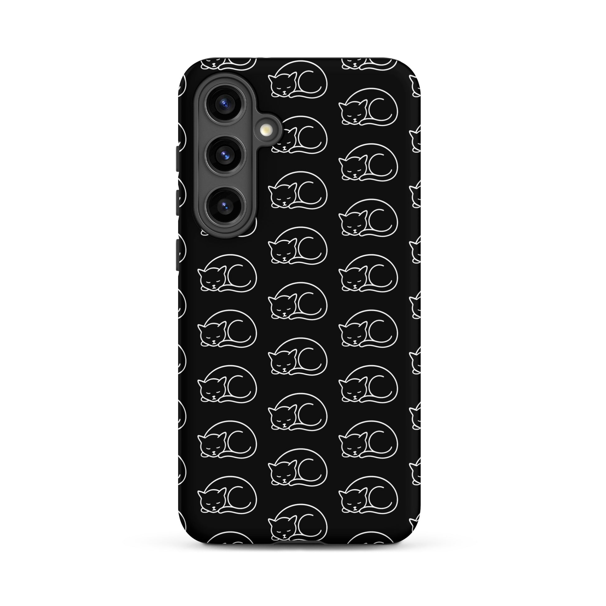 Phone Case for Samsung Galaxy featuring an adorable curled-up cat pattern on a black background.