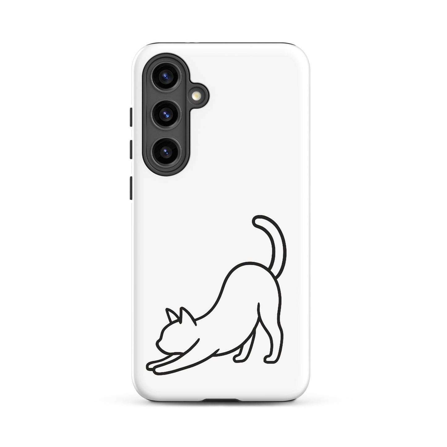 Phone Case for Samsung Galaxy featuring a minimalist stretching cat design on a sleek white background.