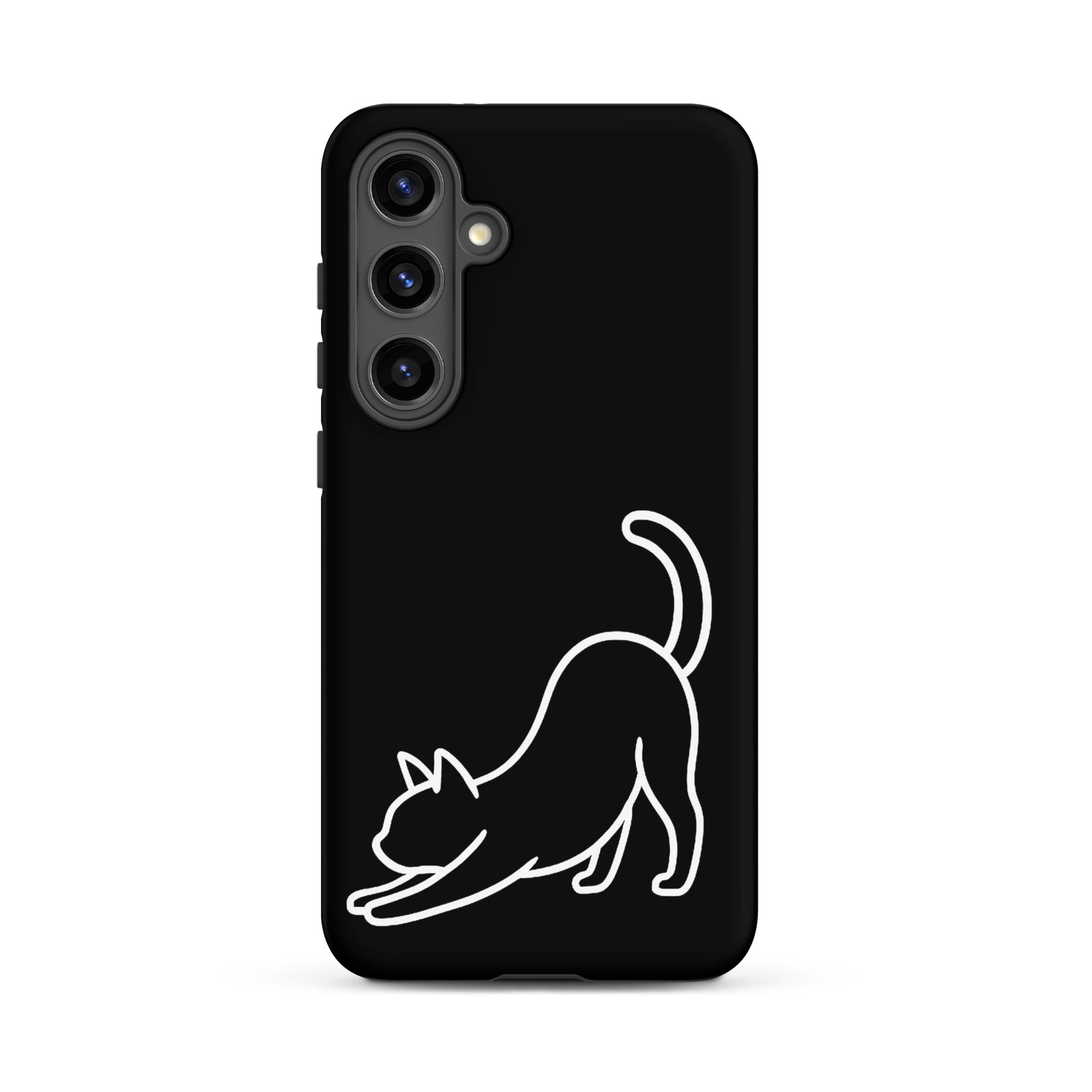 Phone Case for Samsung Galaxy featuring a minimalist stretching cat design on a black background.
