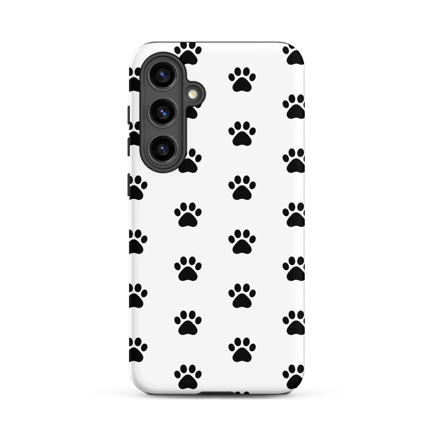 Phone Case for Samsung Galaxy featuring a stylish black paw print design on a white background.
