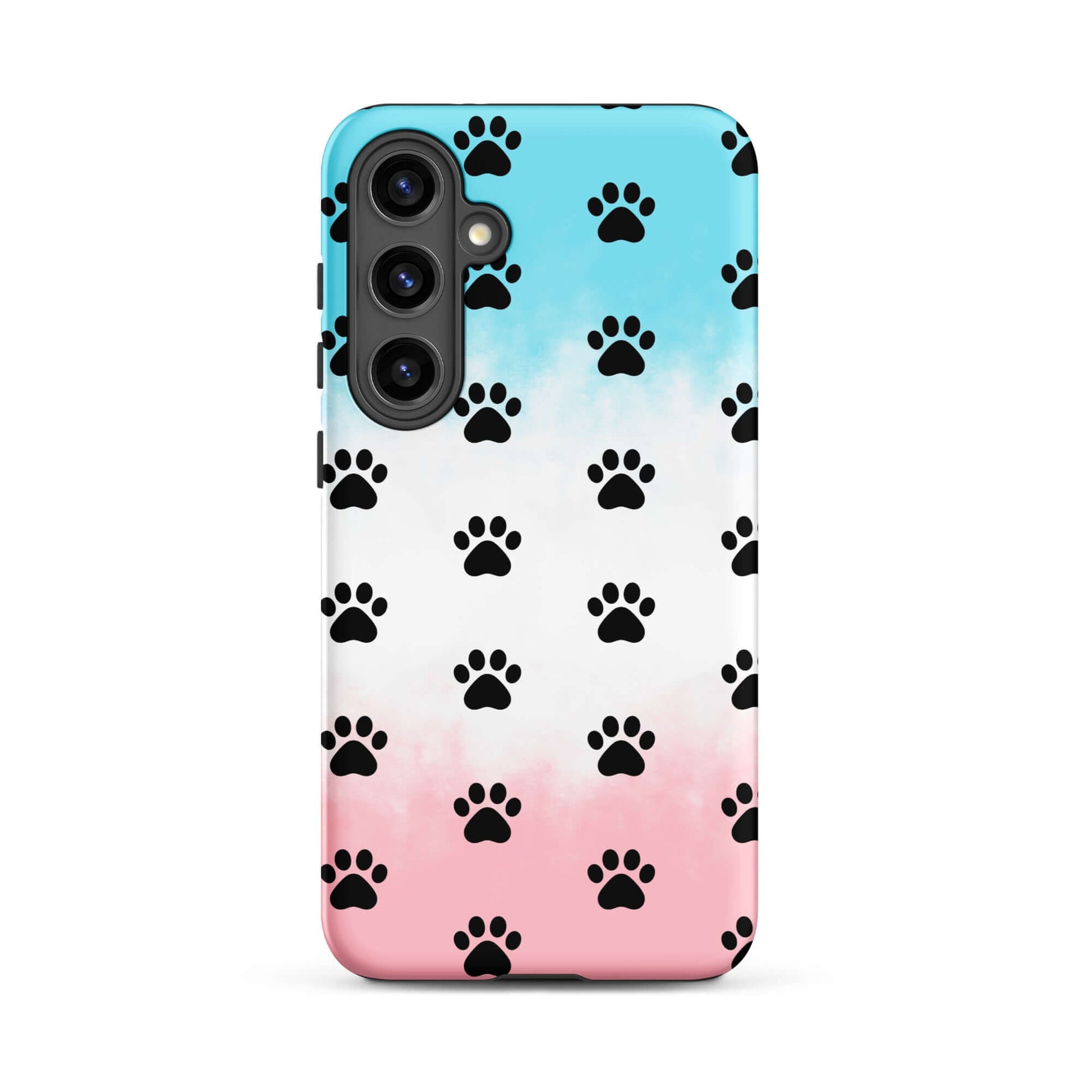 Phone Case featuring a playful paw print pattern in black, with a gradient blue and pink background, perfect for pet lovers.
