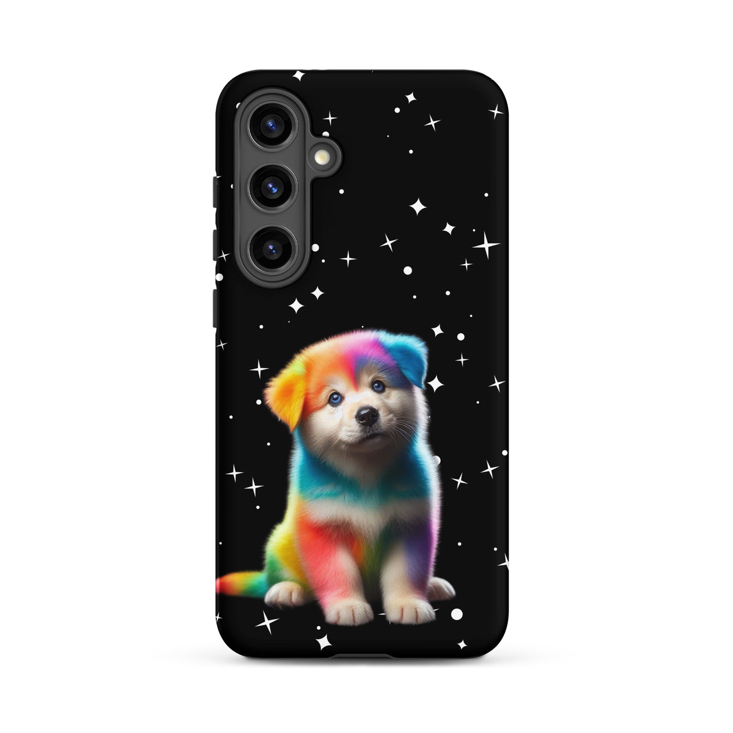 Phone Case featuring a colorful rainbow puppy against a starry night sky, perfect for pet lovers.
