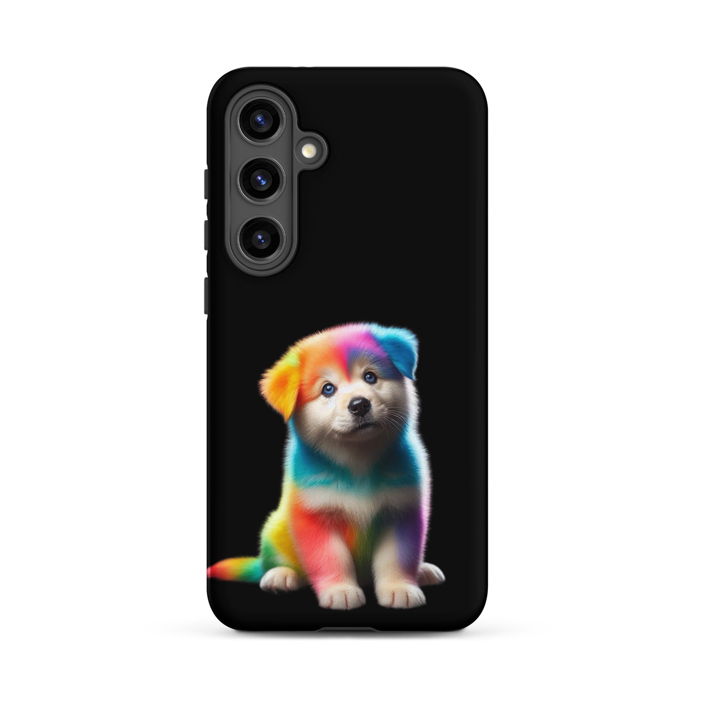 Phone Case featuring a vibrant rainbow puppy design against a dark background, perfect for pet lovers.