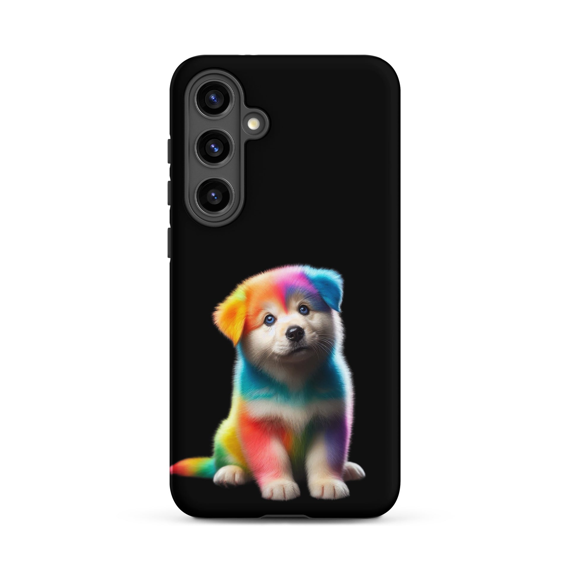 Phone Case featuring a vibrant rainbow puppy design against a dark background, perfect for pet lovers.
