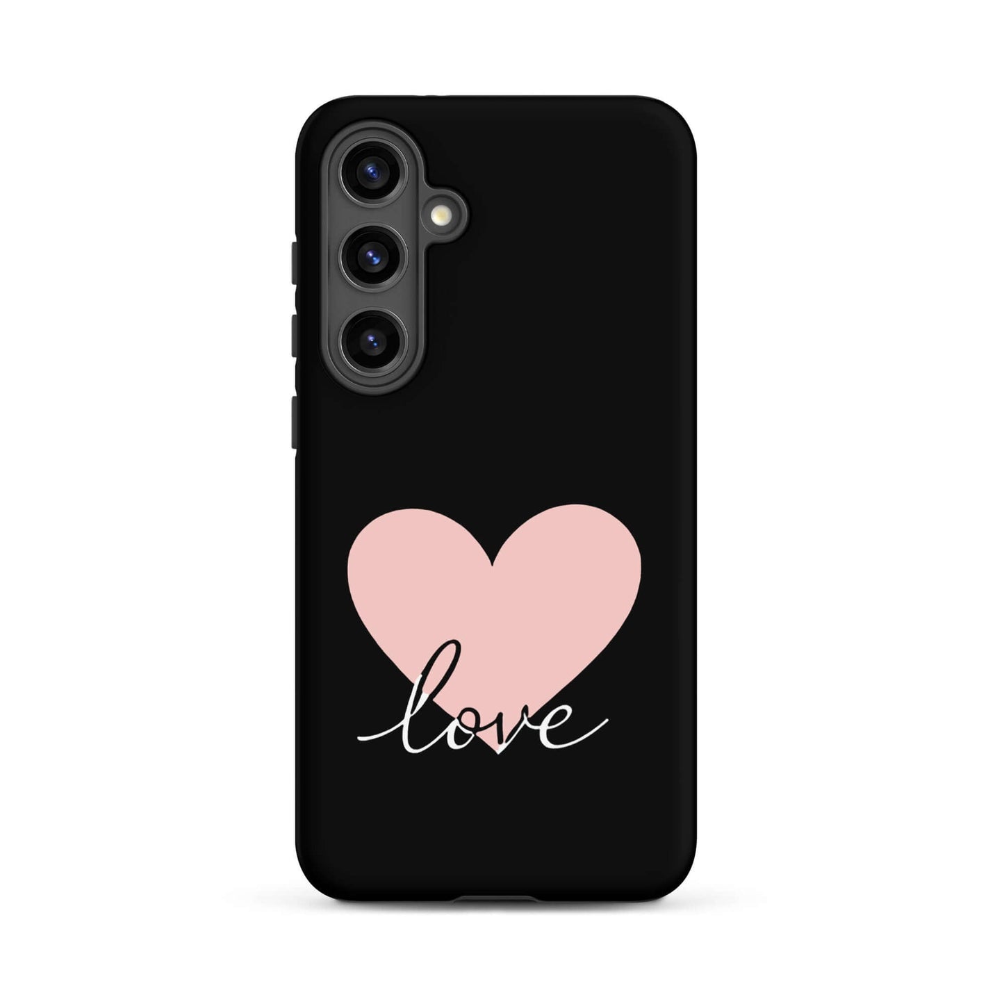Phone Case Samsung Galaxy with heart and love script design, minimalist and modern style.