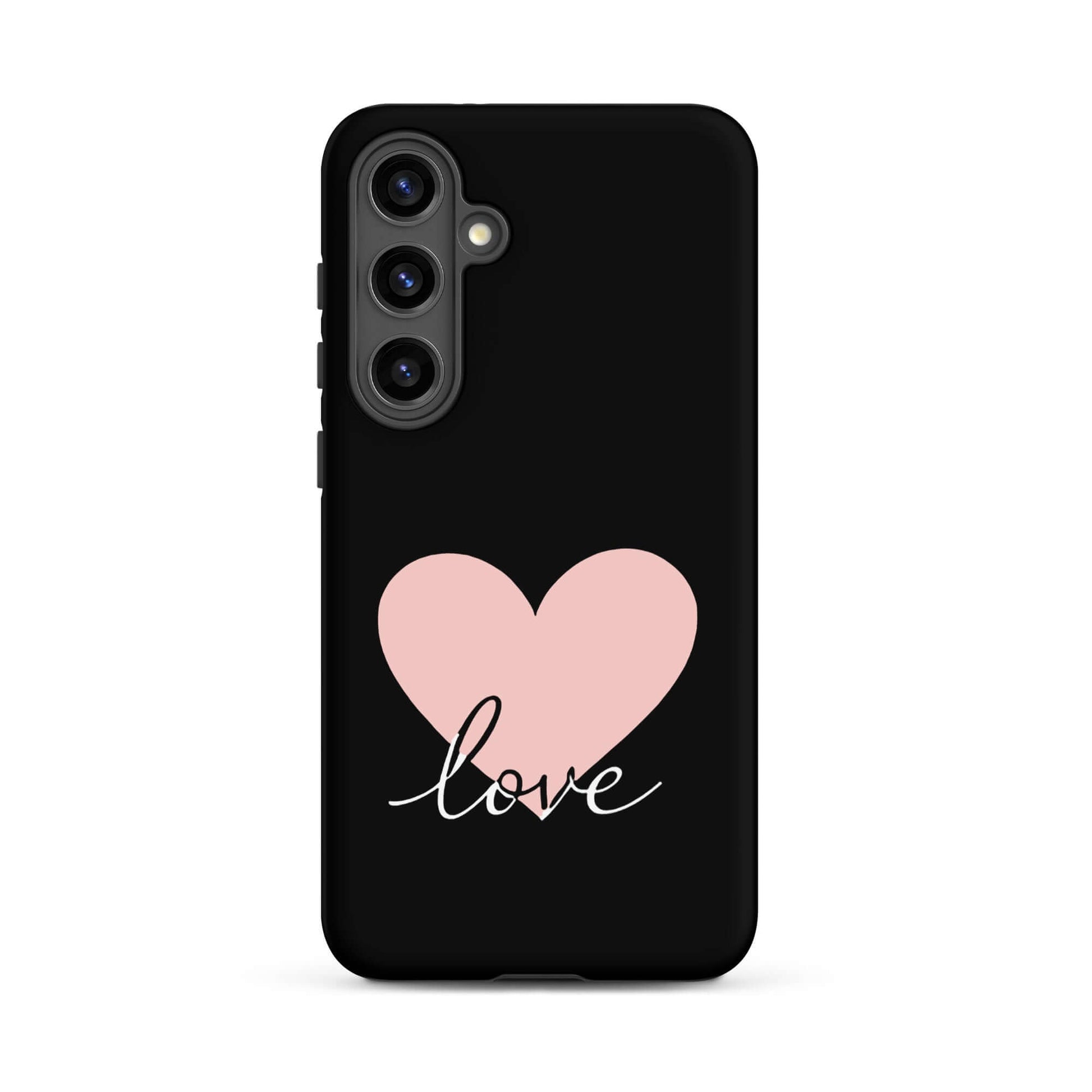 Phone Case Samsung Galaxy with heart and love script design, minimalist and modern style.