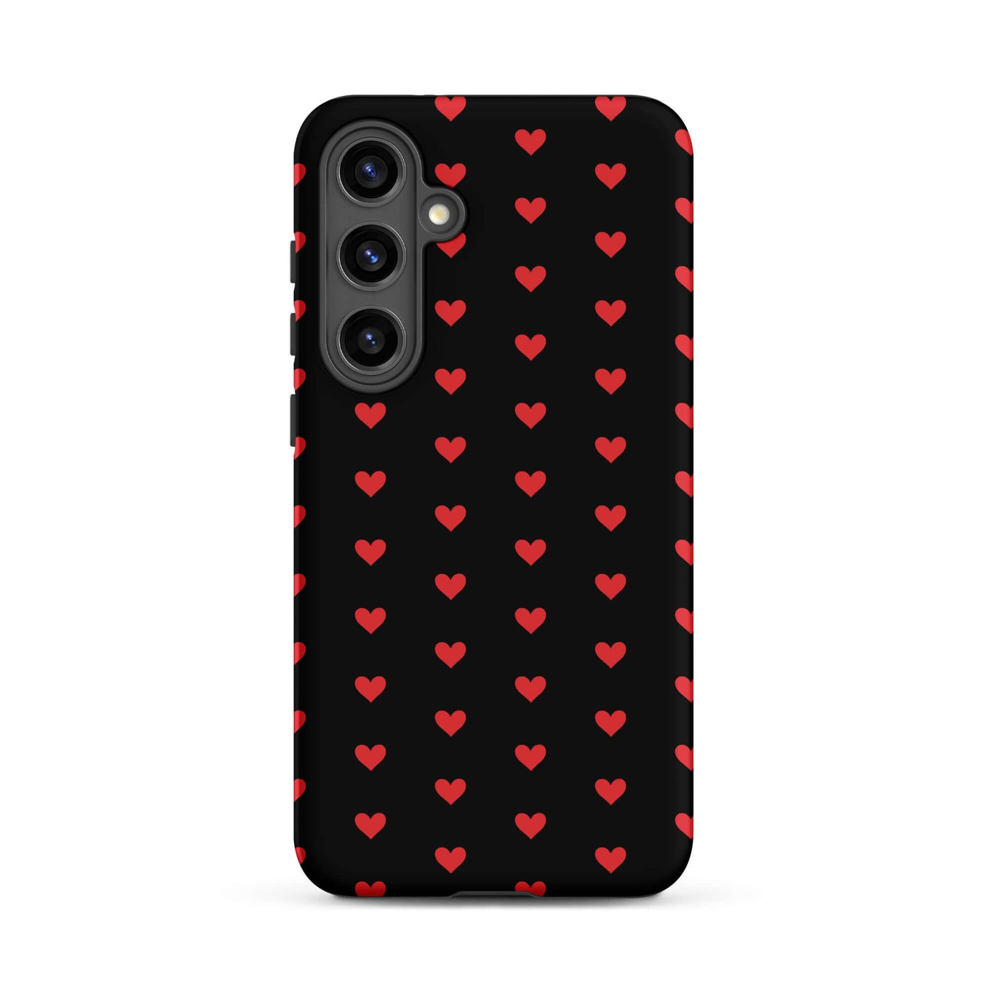 Phone Case for Samsung Galaxy featuring a pattern of fiery red hearts on a black background.