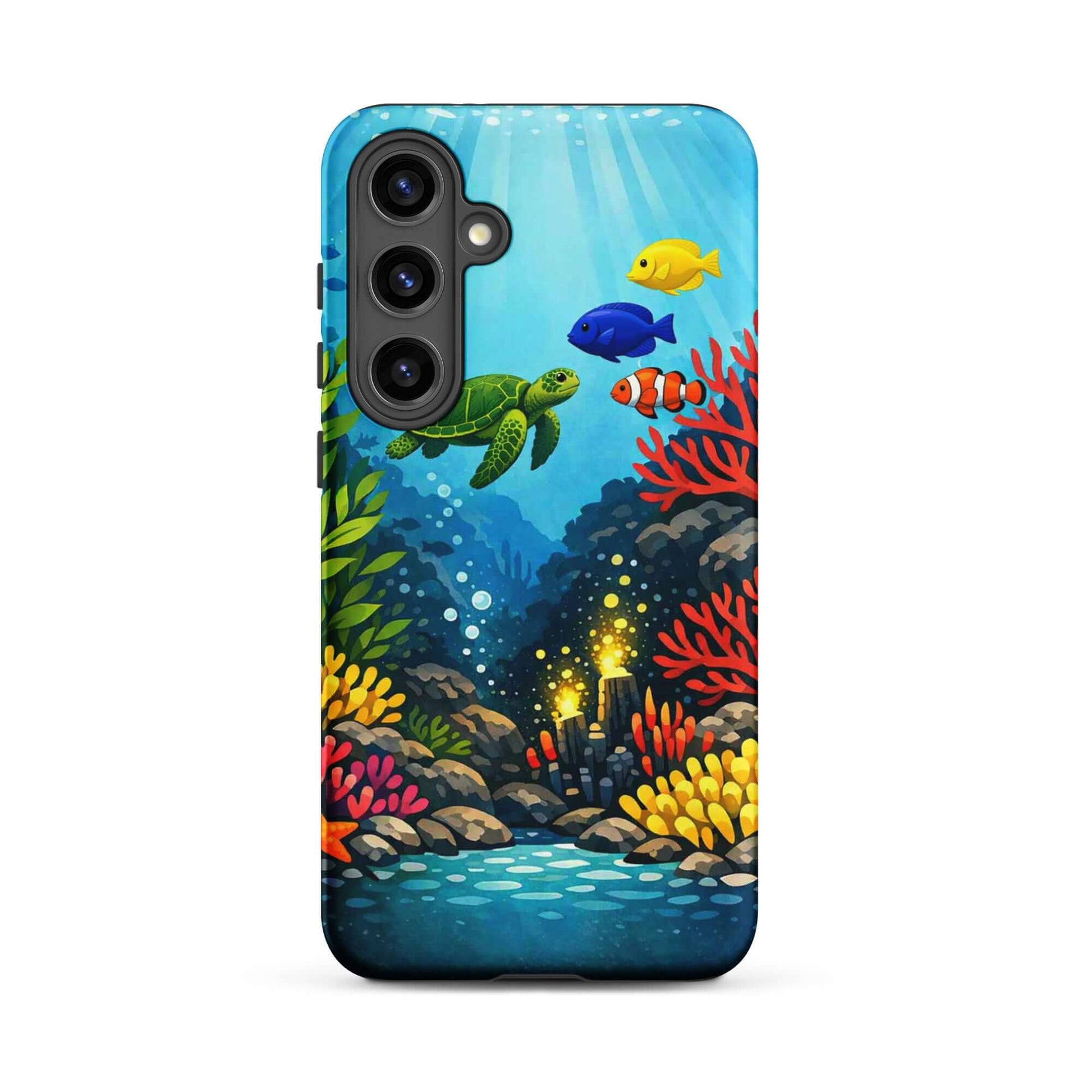 Vibrant phone case for Samsung Galaxy featuring a sea turtle and coral reef design.