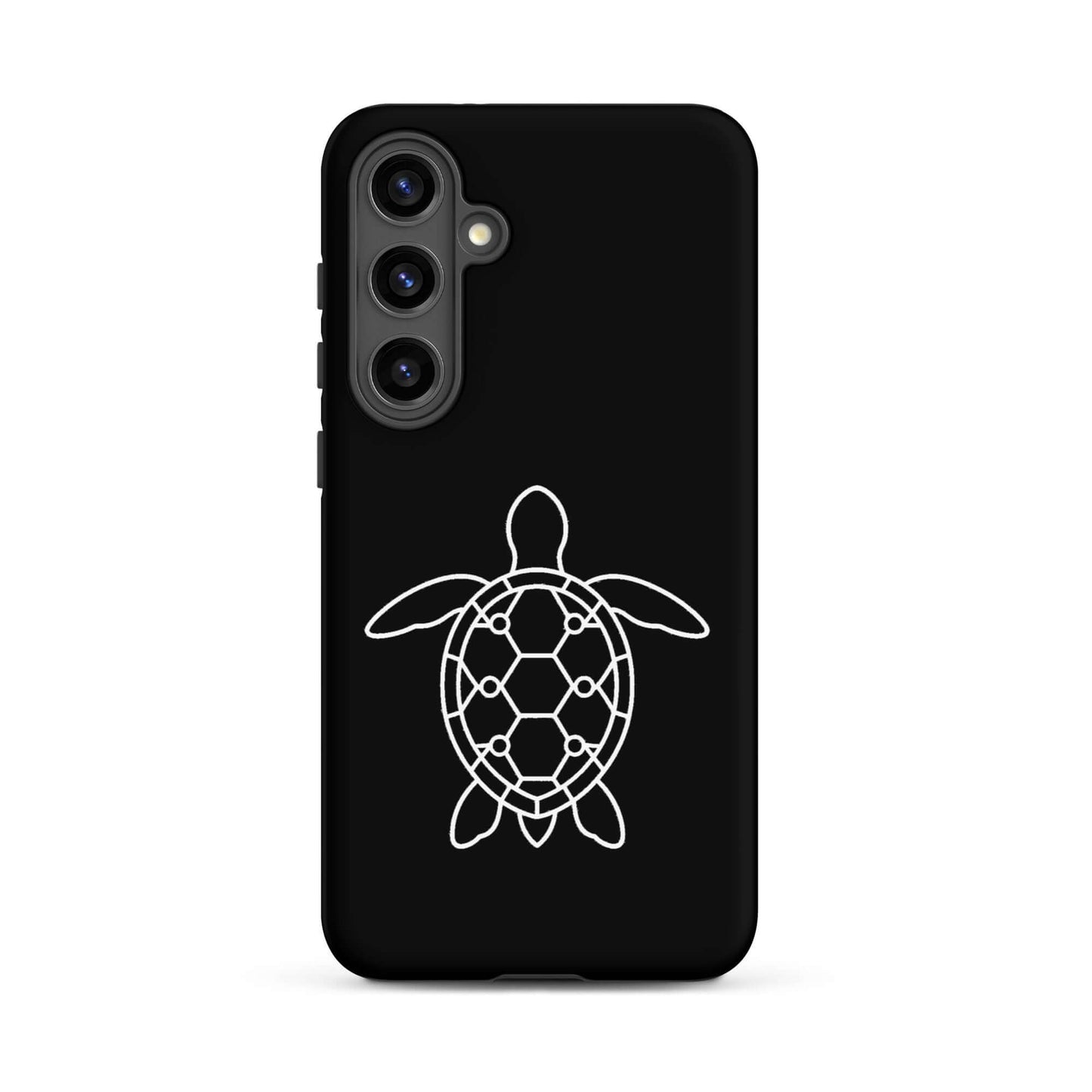 Phone case for Samsung Galaxy featuring a minimalist sea turtle silhouette design on a black background.