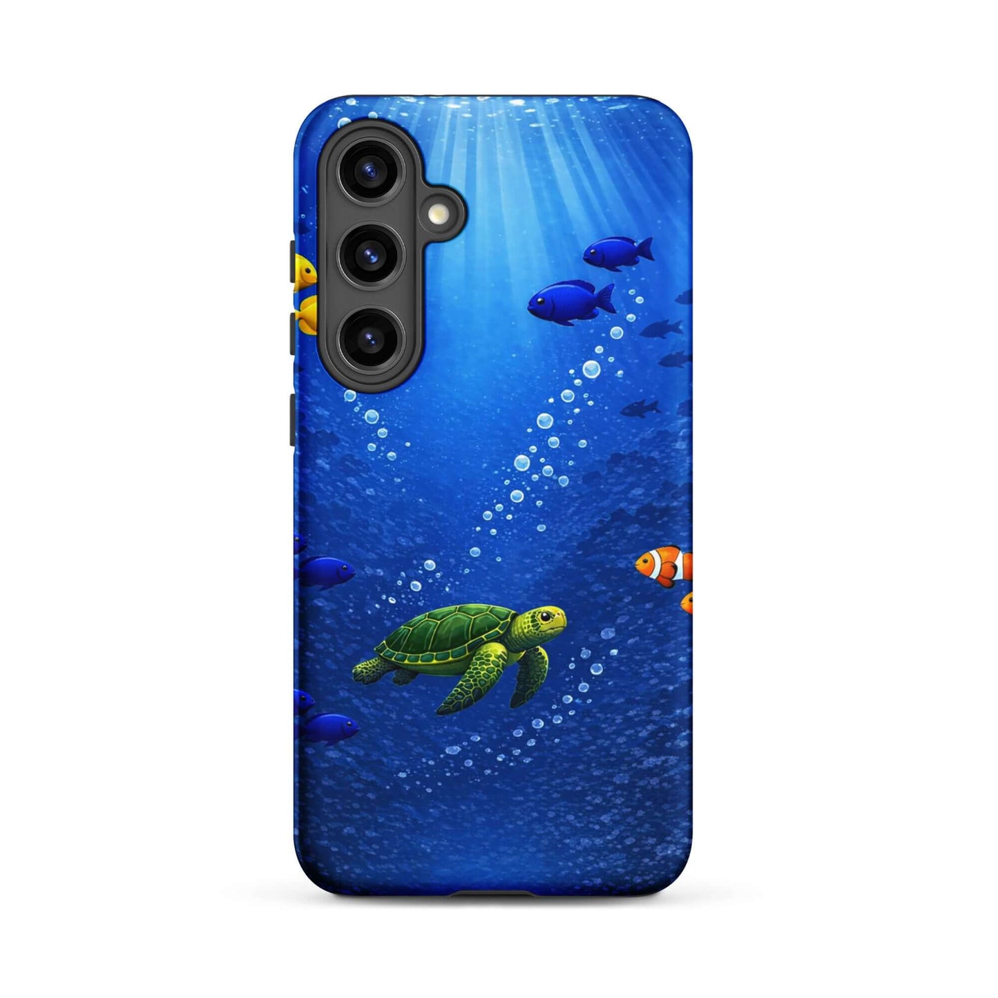 Phone Case featuring a vibrant sea turtle design swimming in deep blue water with colorful fish.