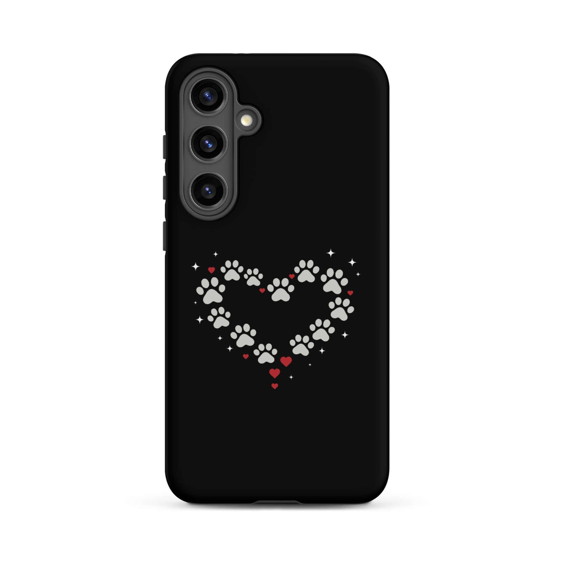 Phone Case for Samsung Galaxy with paw-print heart design on black background.