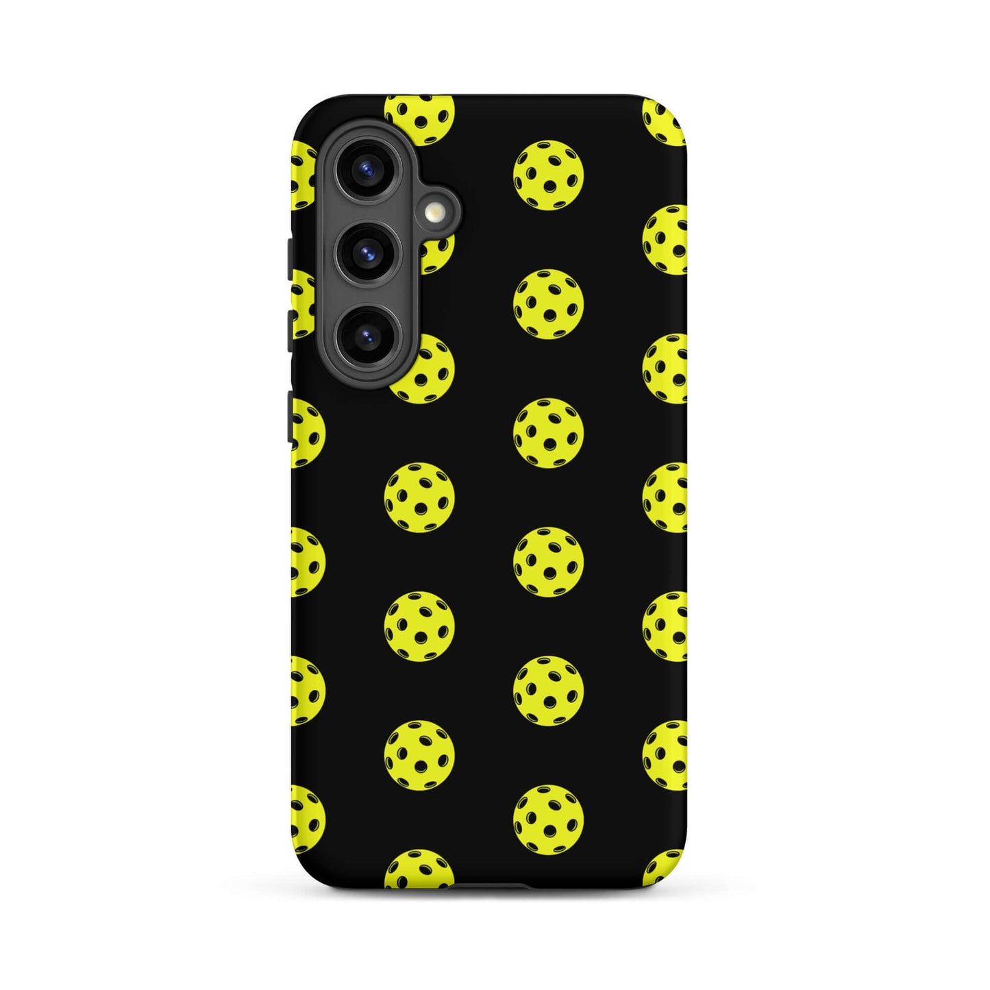 Phone Case for Samsung Galaxy with a bold pickleball pattern on black background, perfect for sporty style.