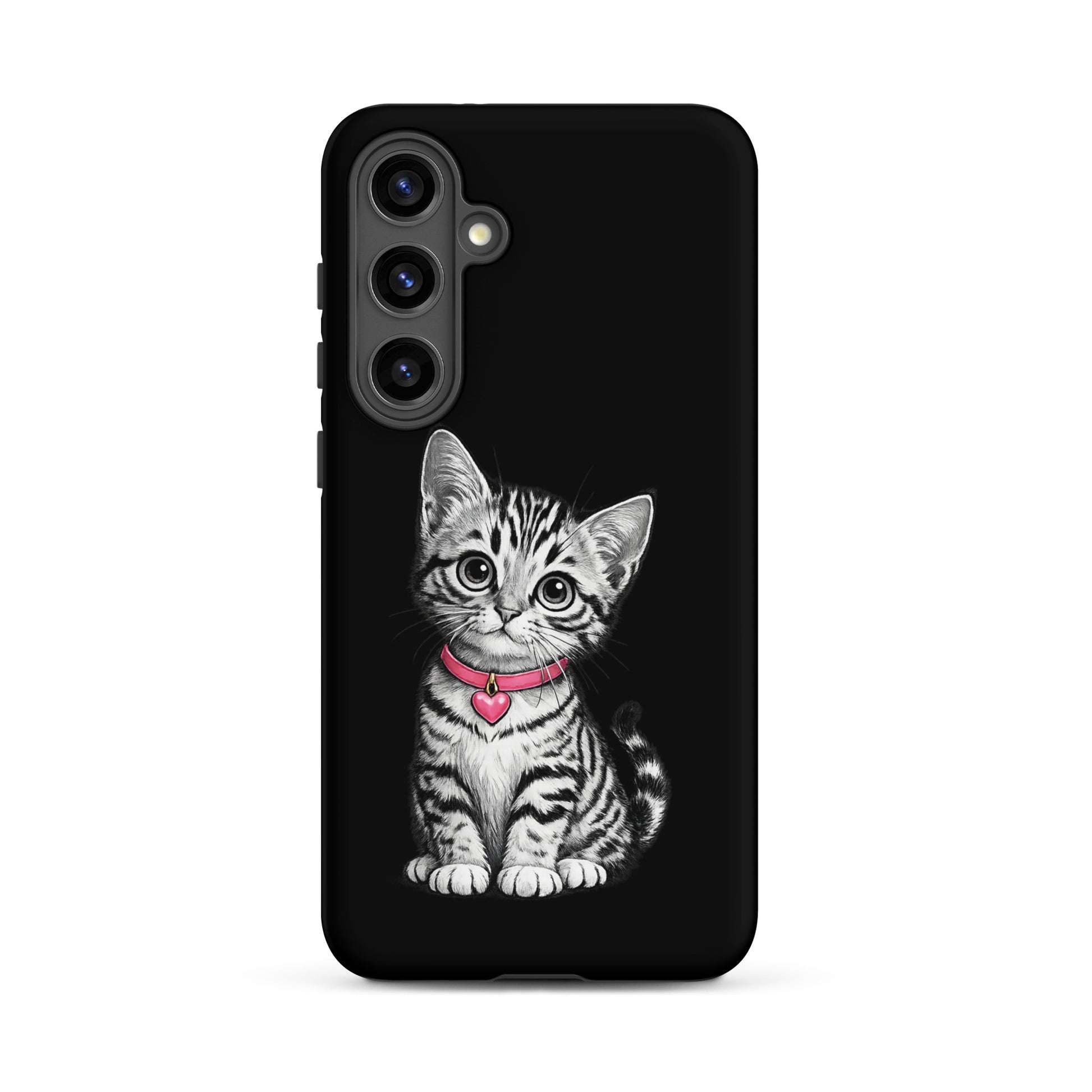 Phone Case for Samsung Galaxy featuring a kitten with pink heart charm, elegant black-and-white design, protective and stylish.