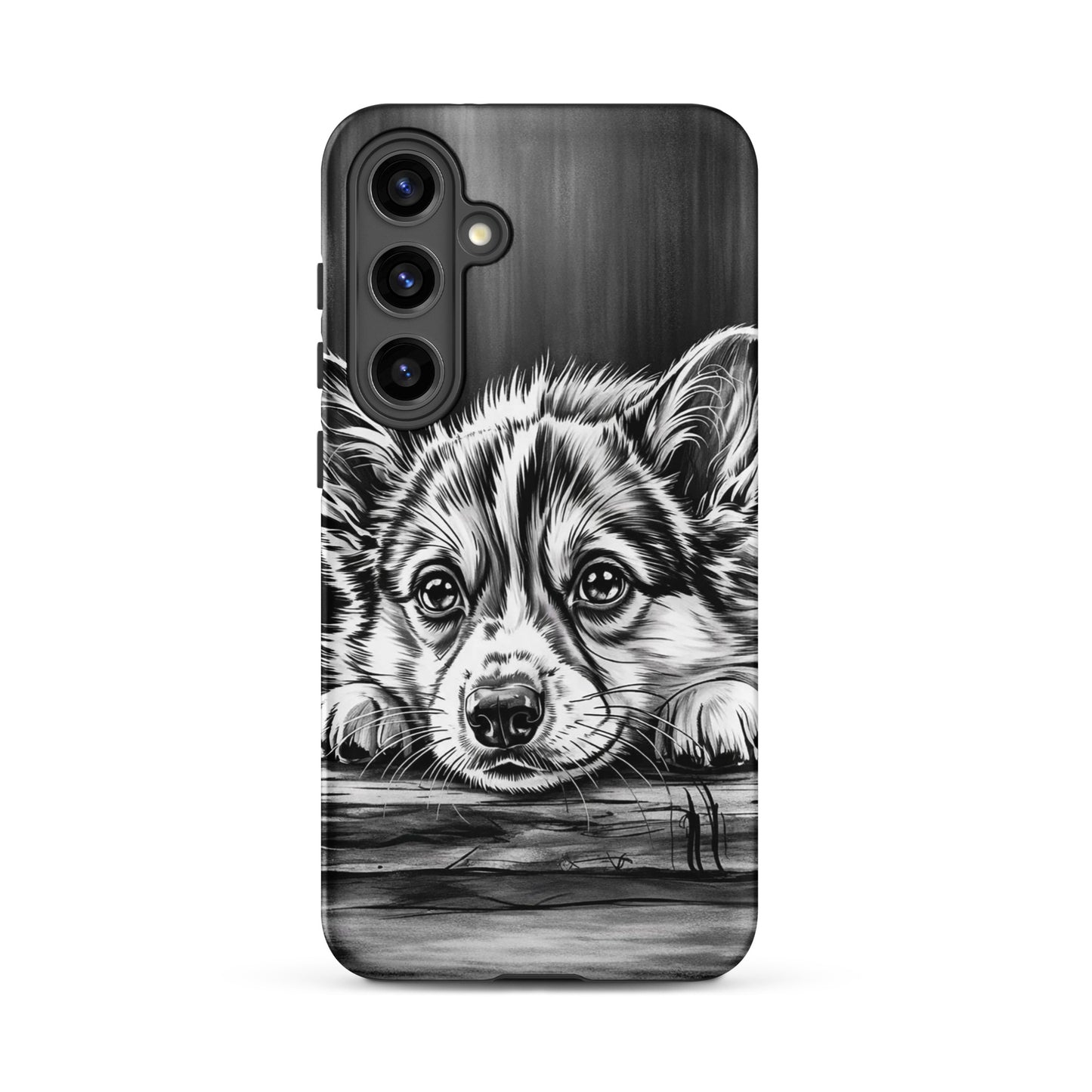 Phone Case with elegant puppy art for Samsung Galaxy, black-and-white illustration offering premium protection.