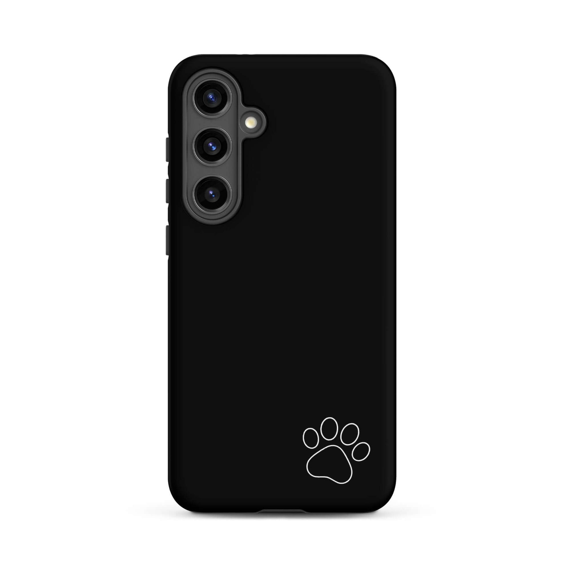 Black Phone Case for Samsung Galaxy with white paw print design, minimalist style, perfect for pet lovers.