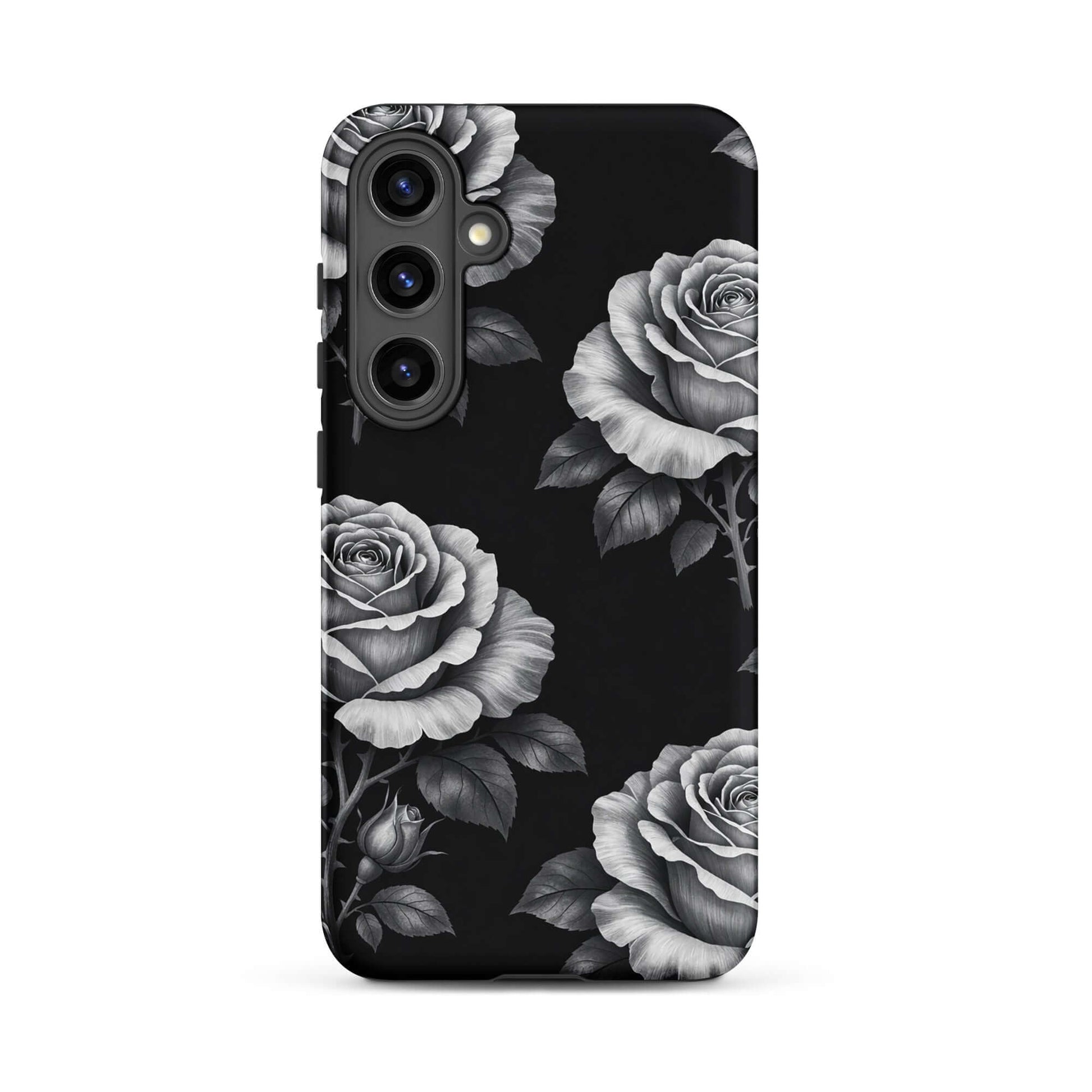 Phone Case for Samsung Galaxy with rose garden design and black background, featuring hand-sketched floral pattern.