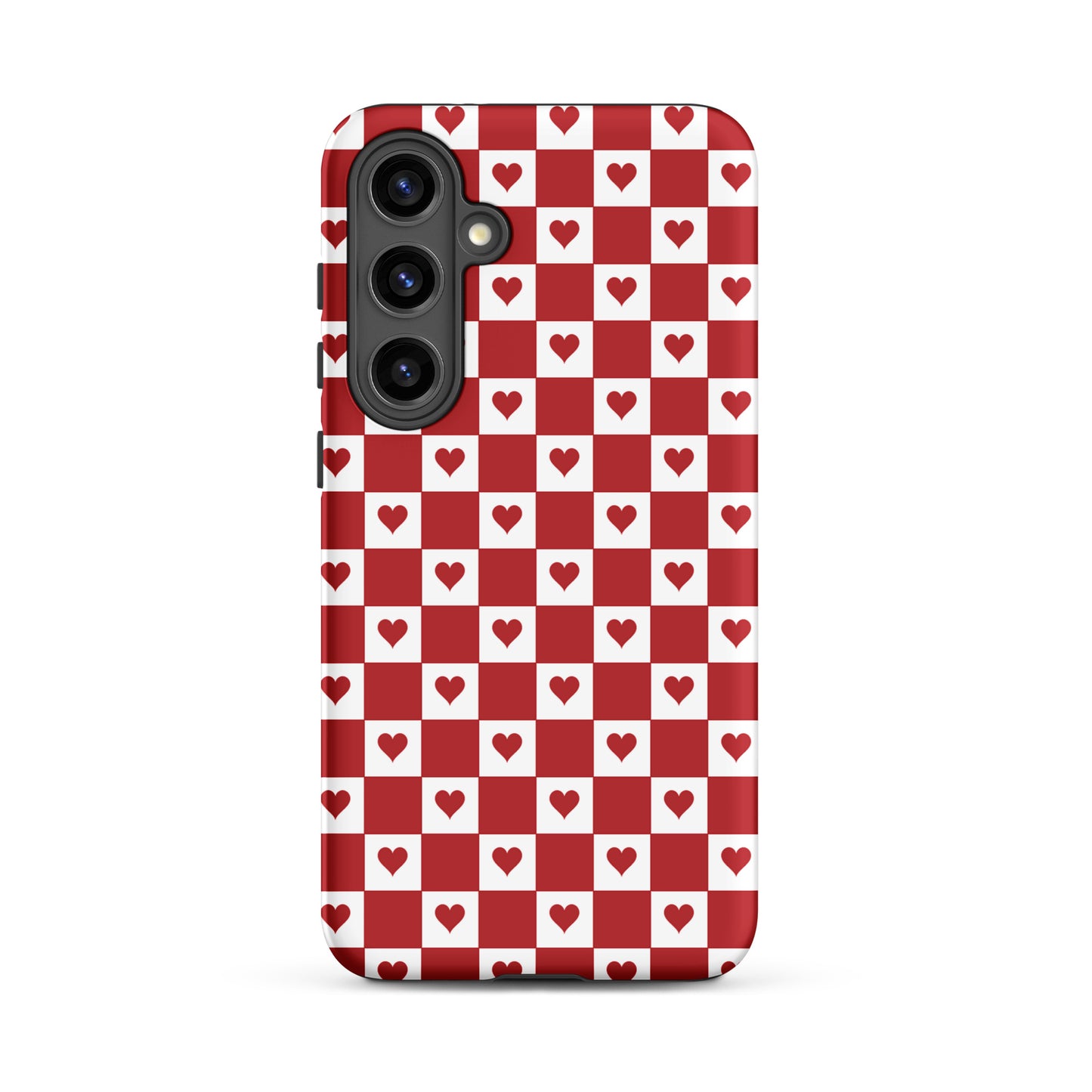 Phone Case for Samsung Galaxy with cute red heart checkered design, featuring charming red and white pattern with tiny hearts.
