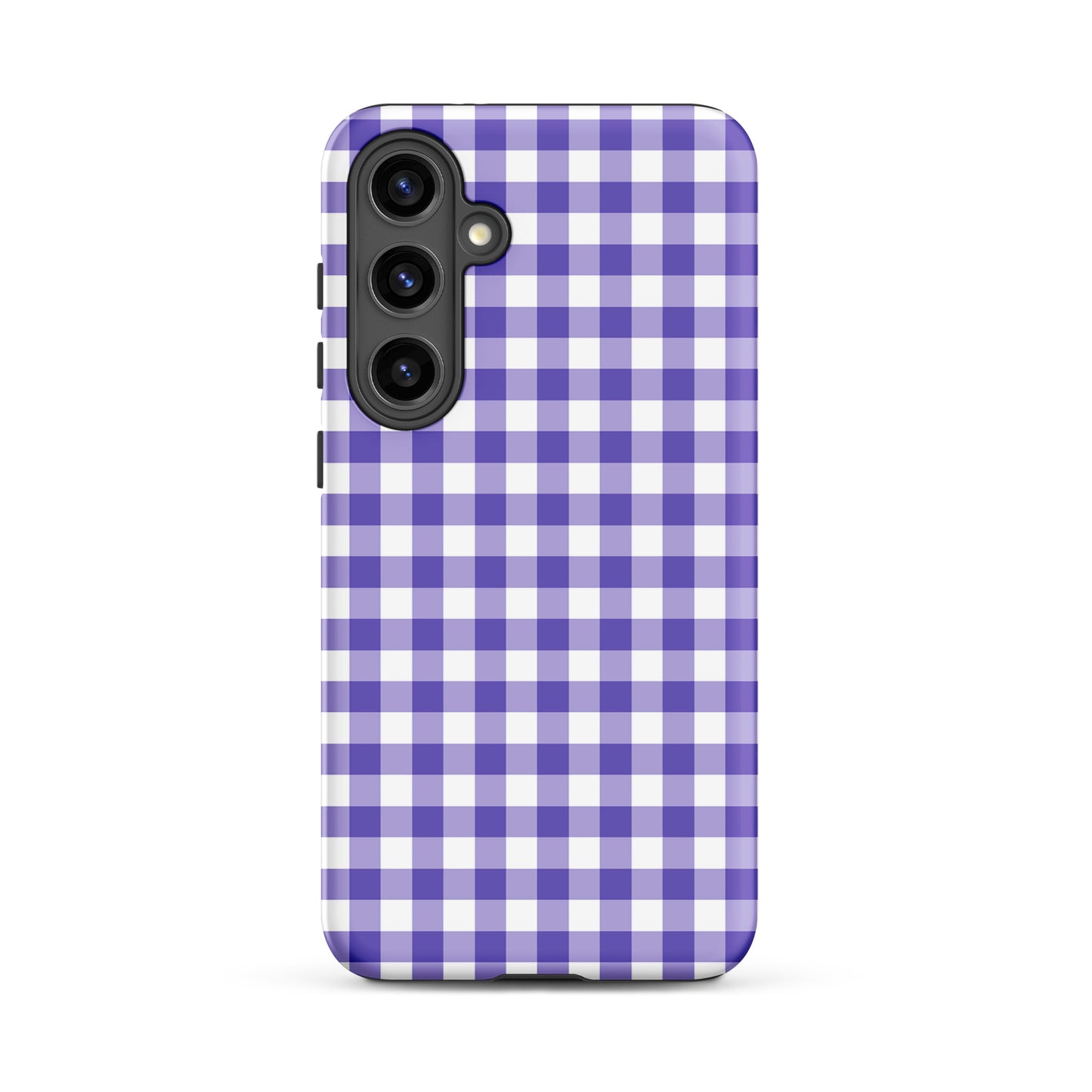 Phone case with purple gingham pattern for Samsung Galaxy, offering style and protection.